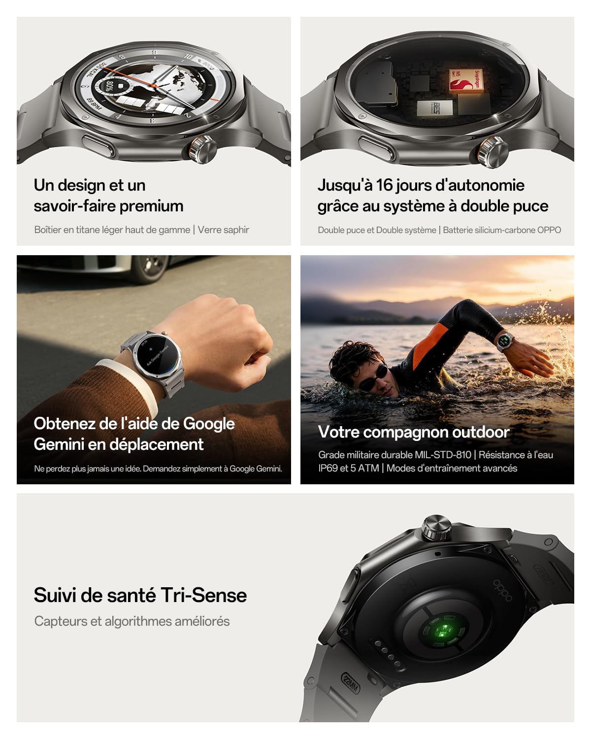 OPPO Watch X3 Smartwatch, Alliage Titane Ultra-Léger, Batterie Double Puce 16 Jours, AMOLED 1,5" 3000 Nits, ECG et Bilan Santé 60s, 100+ Modes Sportifs, 5ATM IP69, Google Gemini, Misty Titanium
