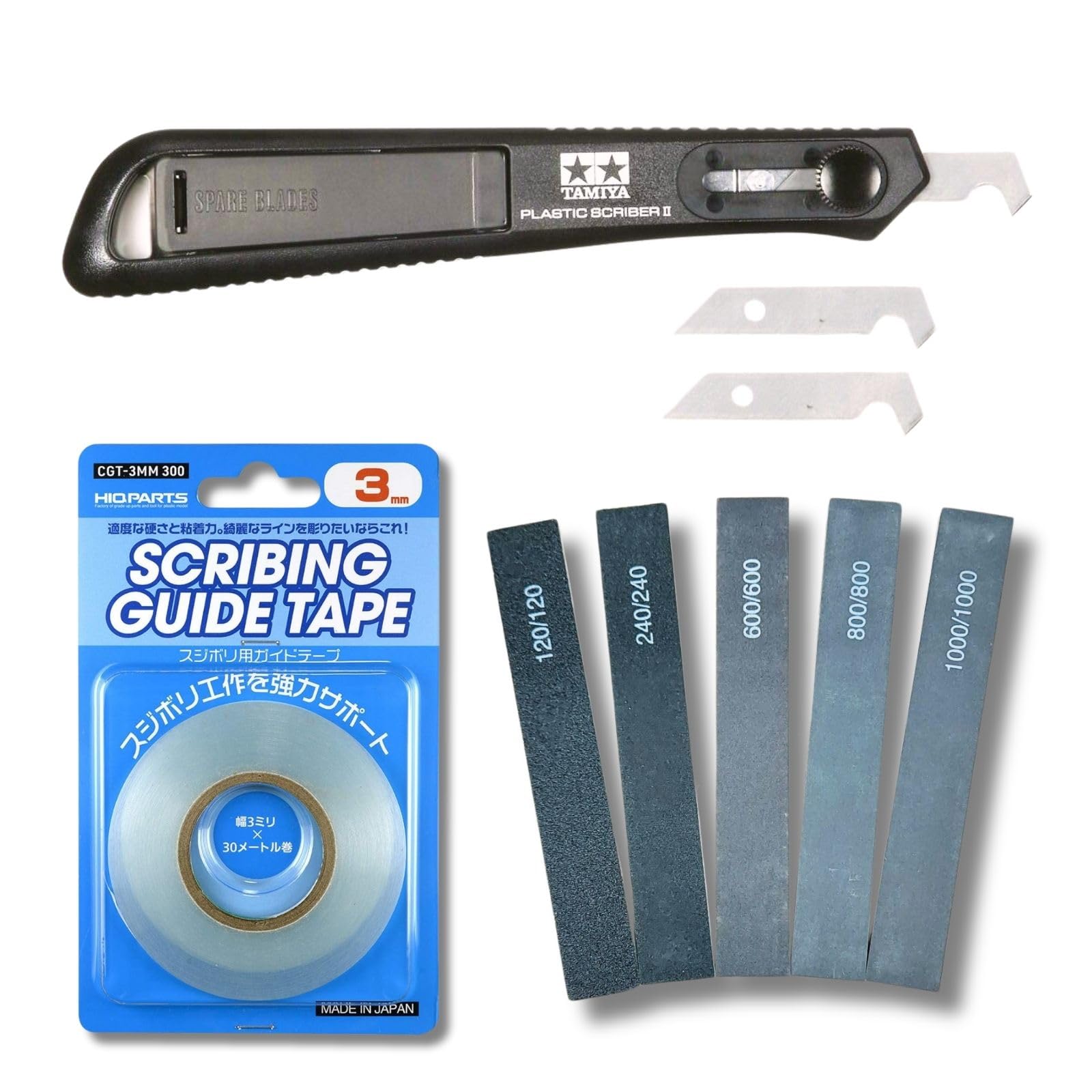 Plastic Scriber II 74091 &HiQparts Guide Tape For Sujibori 0.1 inch (3 mm) (98.4 ft (30 m) Roll) & Sanding Sticks Set #120・#240・#600・#800・#1000
