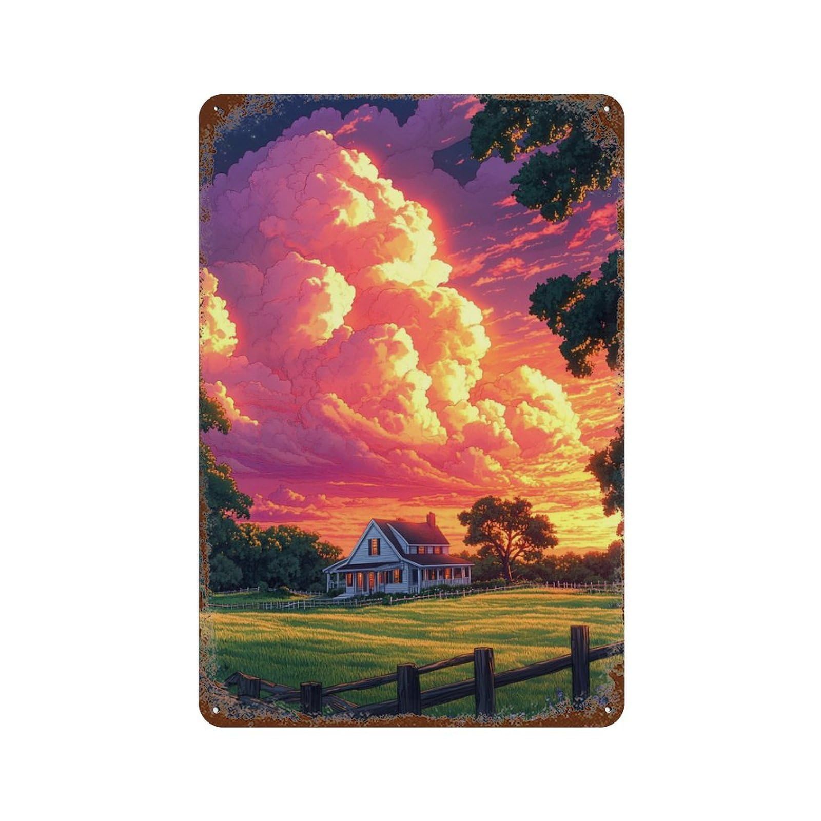 Cozy Farmhouse Sunset 11.8"x7.9" Rustic Tin Plaque, Industrial Home Decor for Farmhouse, Kitchen And Entryway Decor
