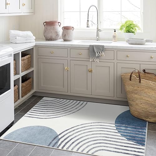 Miniatura 4 de Wonnitar Alfombra bohemia lavable de 3 x 5 pies para sala de estar, antideslizante, azul, para dormitorio, moderna abstracta de pelo bajo, pequeña