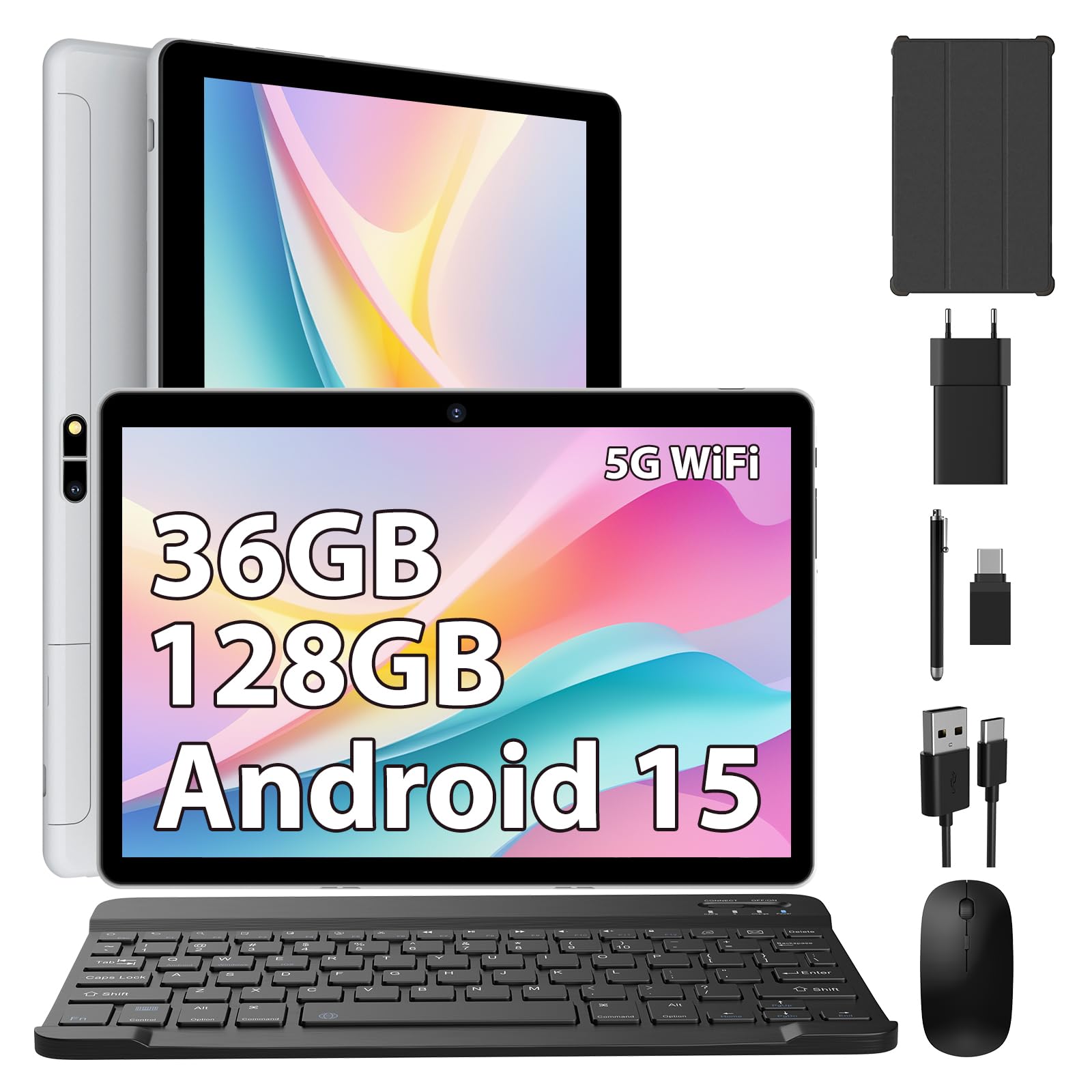 FASTWD Tablet Android 15,36GB+128GB/1TB Tablet 10 Pollici,8000mAh,1280 * 800 IPS,Widevine L1,Face ID/5G WiFi/BT5.0/OTG,Tablets in offerta con Tastiera,Mouse,Grigio