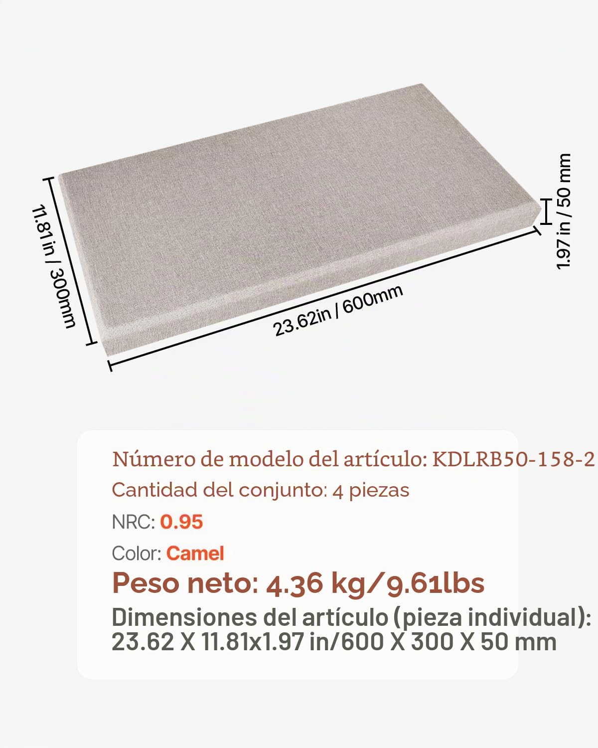 VEVOR Paneles Acústicos de Fibra de Vidrio, Paneles de Absorción de Sonido, Insonorizados Autoadhesivos, para Estudios, Oficinas, Cine en Casa, Salas de Reuniones, Camello, 600 x 300 x 50 mm, 4 uds