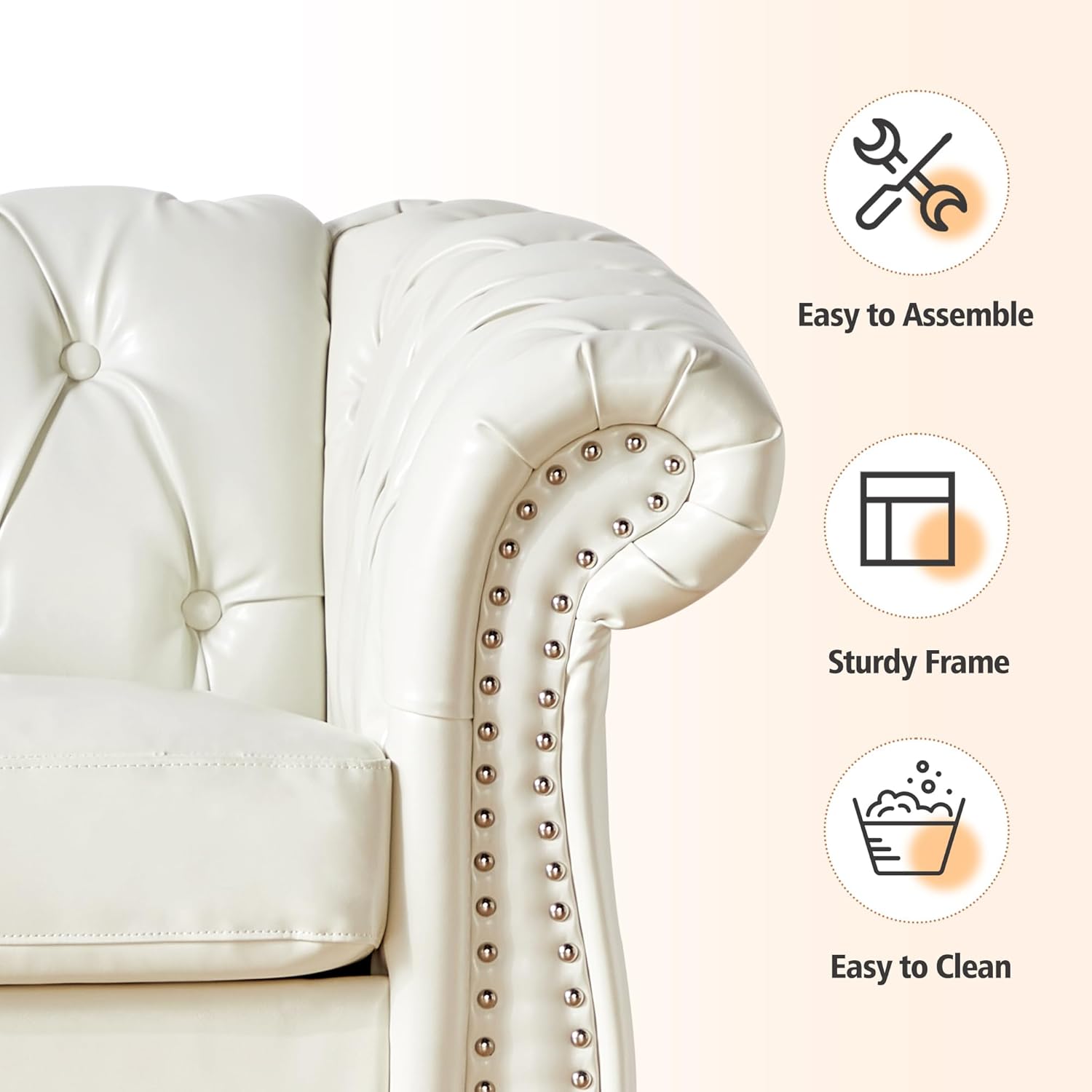 Chesterfield Loveseat Sofa, Modern Leather Small Sofa Couch 2 Seater with Rolled Arms and Nailhead, Mid Century Modern Loveseat Couch for Small Spaces Living Room Bedroom Apartment, White