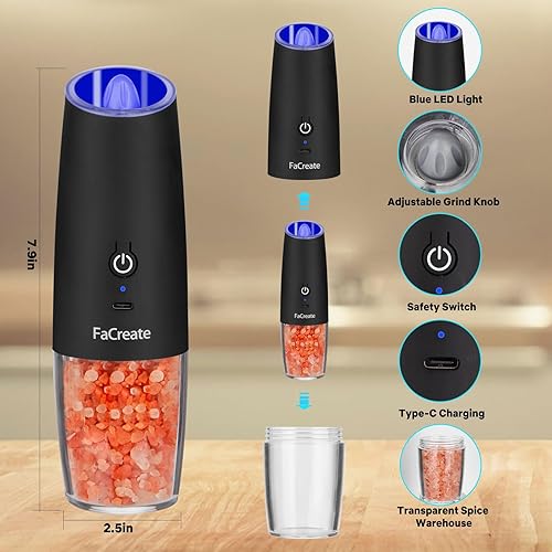 Miniatura 7 de FaCreate Juego de molinillo eléctrico de sal y pimienta recargable por USB, funciona con pilas, funciona con pilas, molino de grosor ajustable con