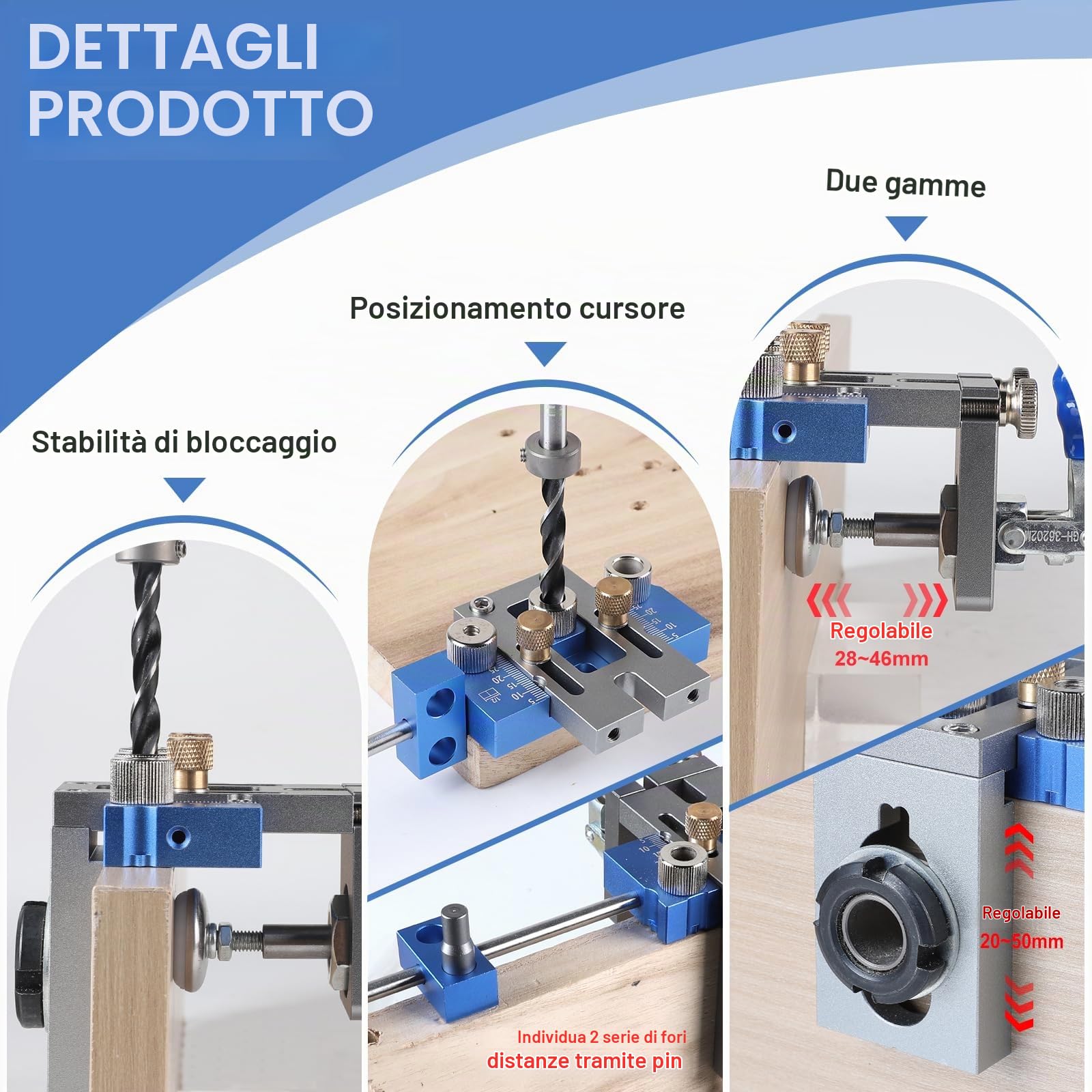 EFUTURETIME 3 in 1 Dima per Fori a Tasca, 5/8/10/15 mm Sagoma per Tasselli Regolabile, Dima di Tassellatura Verticali per Forature e Collegamenti Rapidi e Precisi, Blu
