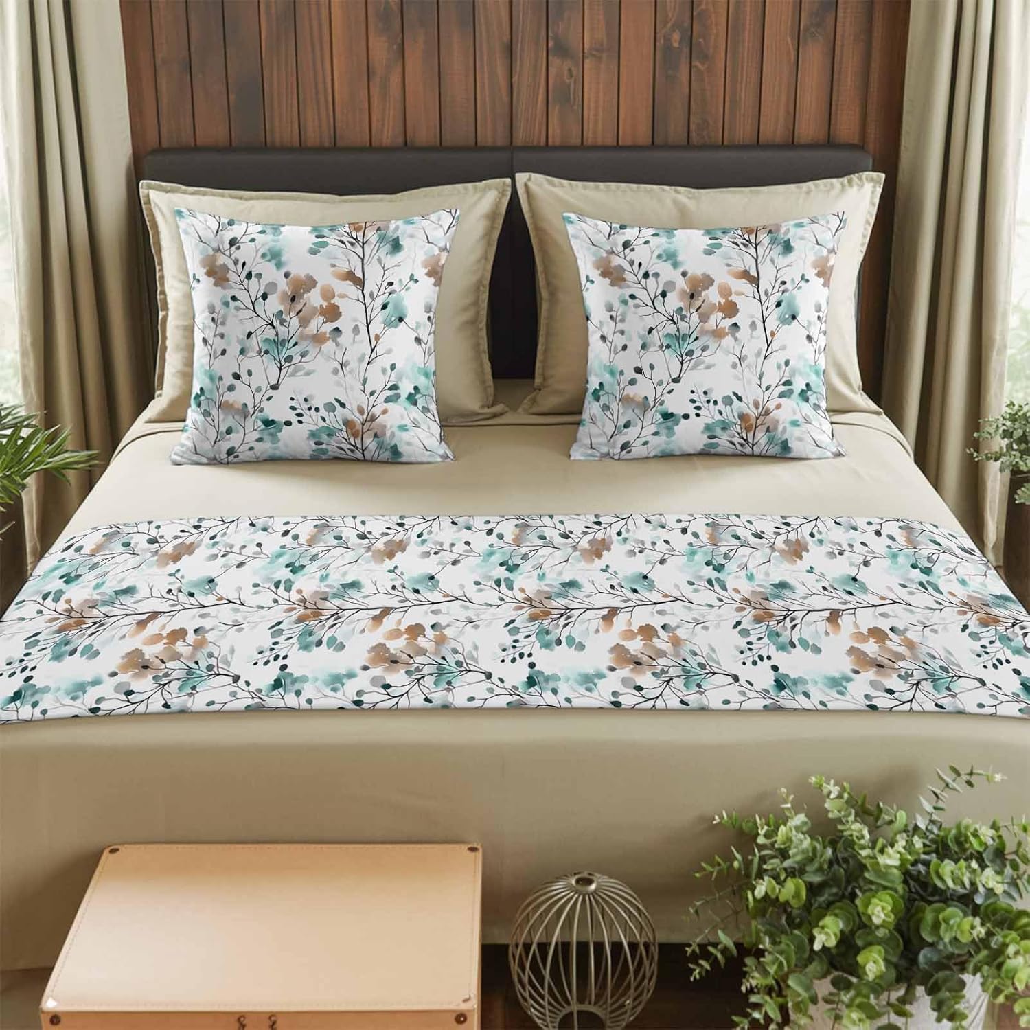 Bed Runner for Queen Size Beds,Abstract Aqua Brown Leaves Decorative Bed Runners and 2 Pillow Covers Set,Watercolor Spring Foliage Leaf Beds End Scarf Pillowcase Sets for Bedroom Hotel Decor