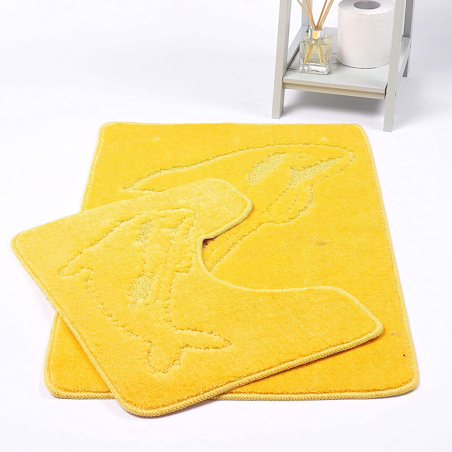 Night zone 2 Piece Bath Mat Set Pedestal Non Slip Dolphin Bathroom Toilet Rug Absorbent (Lemon)