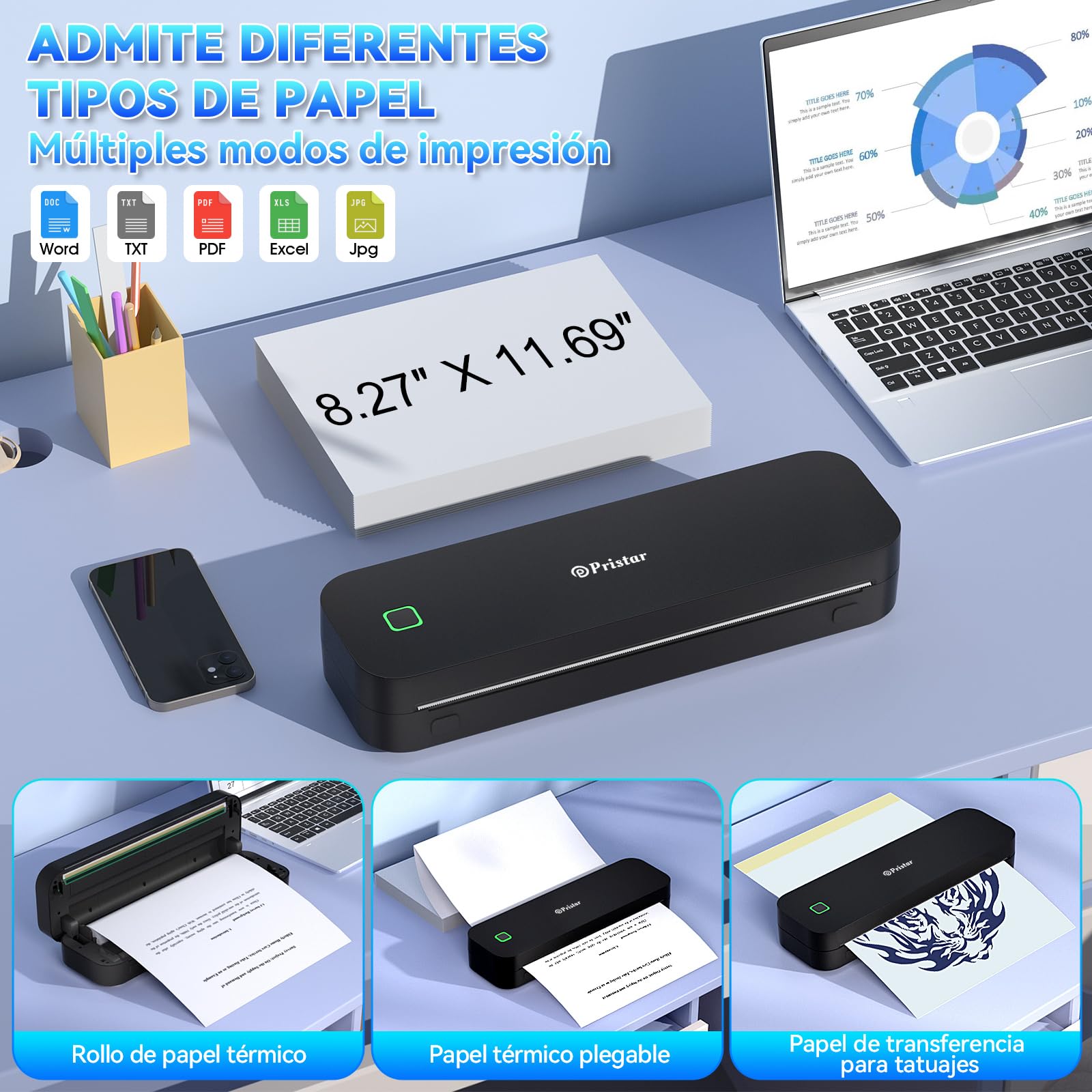 Pristar D210 Impresora Termica A4, Impresora Portatil Inalambrica para Viajes, Oficina y Hogar, Termocopiadora Tattoo Compatible con Teléfonos Inteligentes iOS/Android y Computadoras Portátiles, Negro