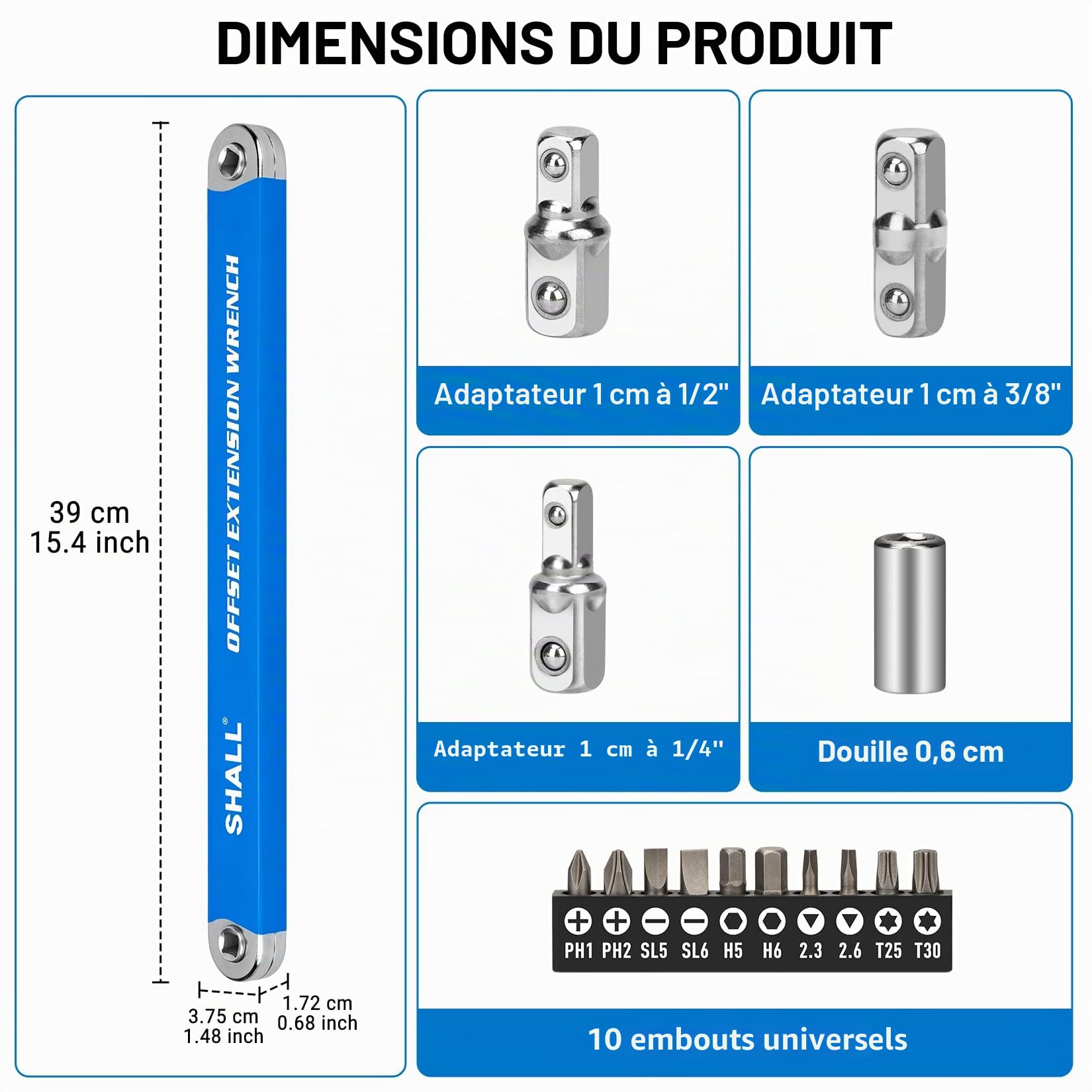 Shall Clé à rallonge décalée - Jeu de clés à rallonge décalées 15,4'' Impact Ready - avec adaptateurs carrés 1/2'', 1/4'' et 3/8'' et 10 embouts universels