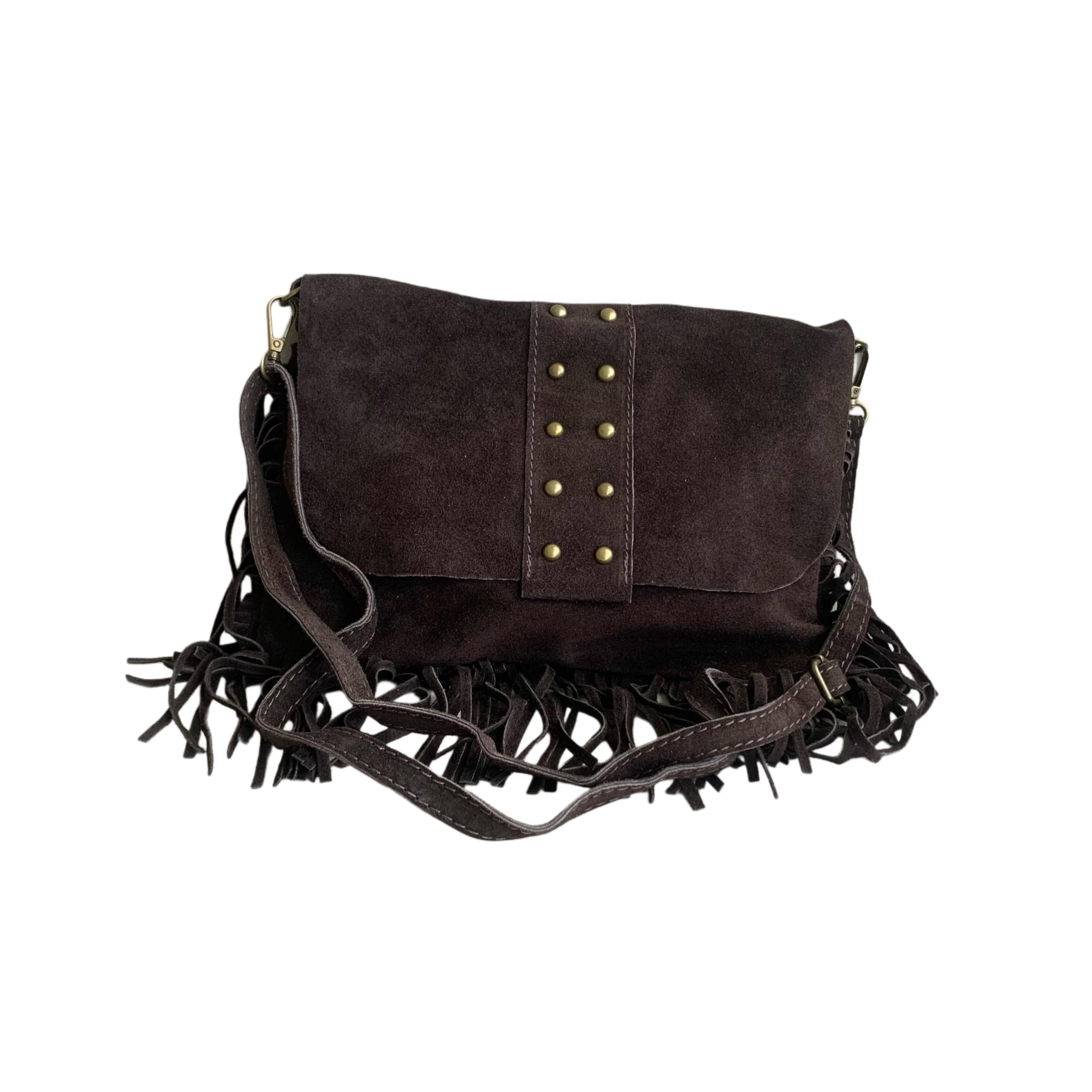 Borsa a tracolla con frange e borchie in camoscio italiano. Cinturino regolabile e intercambiabile. Chiusura con cerniera. Interno foderato con tasca integrata.