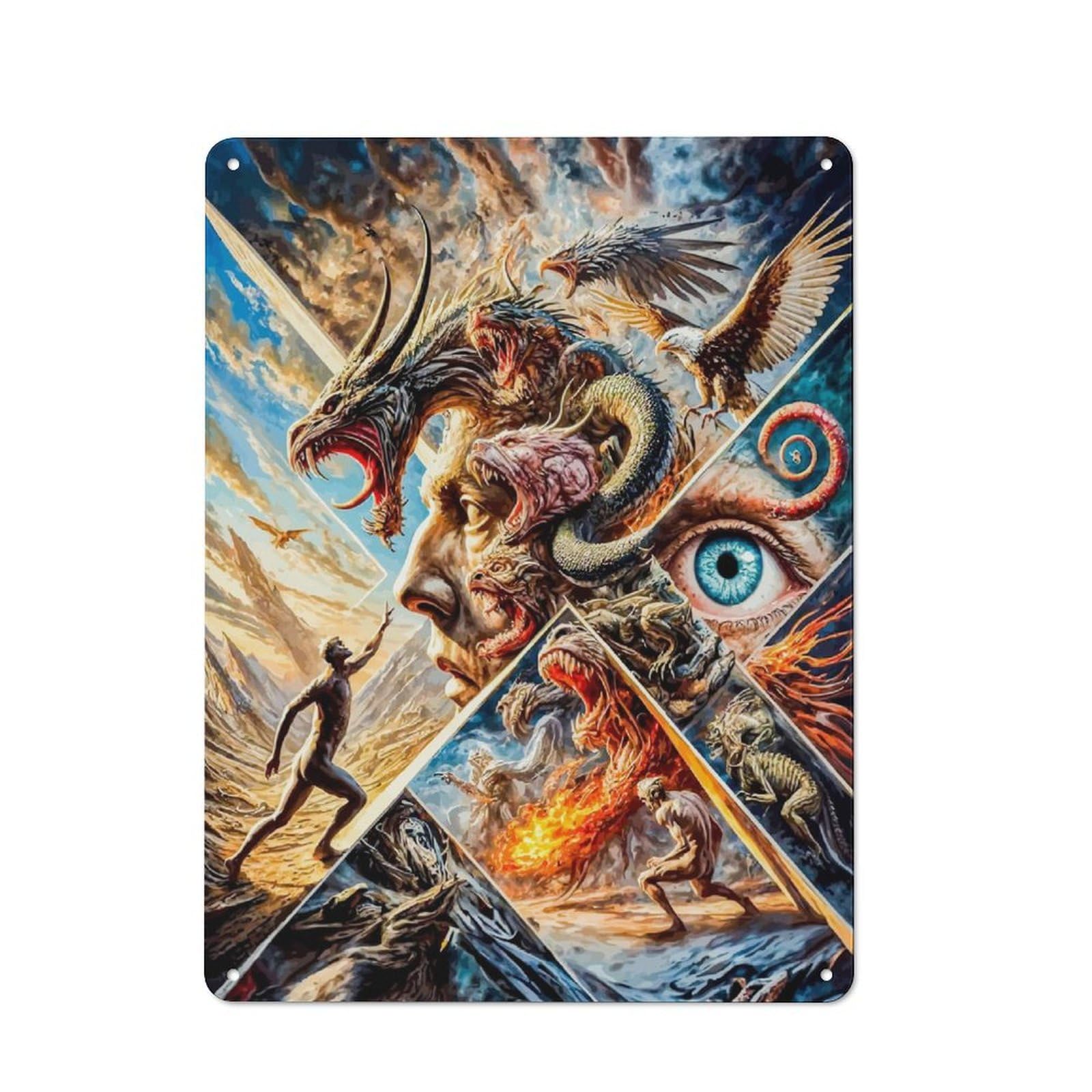 Junmoney Man Facing Monsters Metal Tin Sign, Clear Colour Print, For Garage, Shed, Workshop Or Hobby Room, 40X30cm