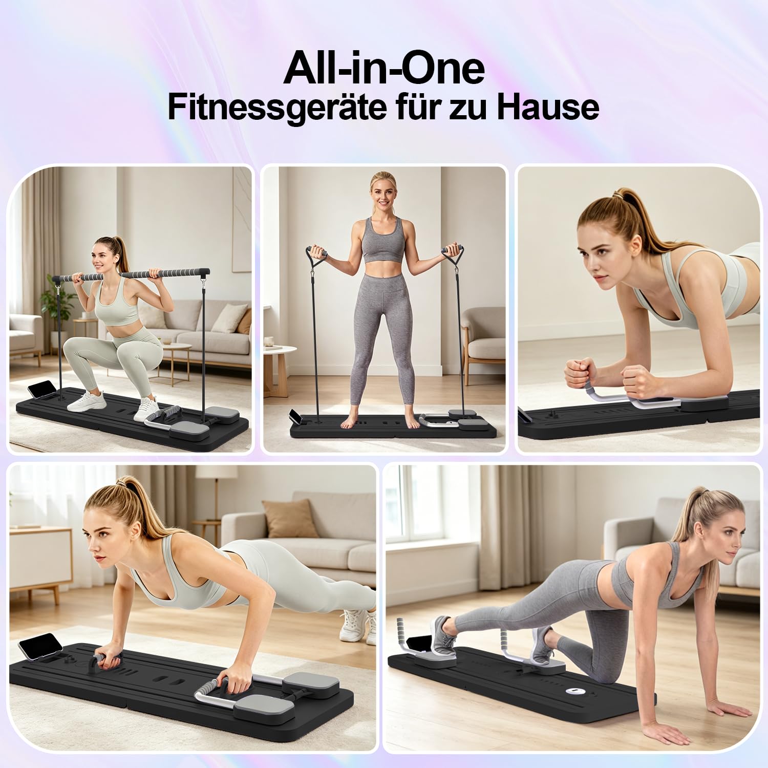 Multifunktional Pilates Board für Zuhause, Mini&Faltbarer Pilates Reformer Homegym(100+Ubungen), 10 in 1 Pilates Set für Ganzkörpertraining&Bauchtrainer, Brett 200KG inkl Automatisches Rebound