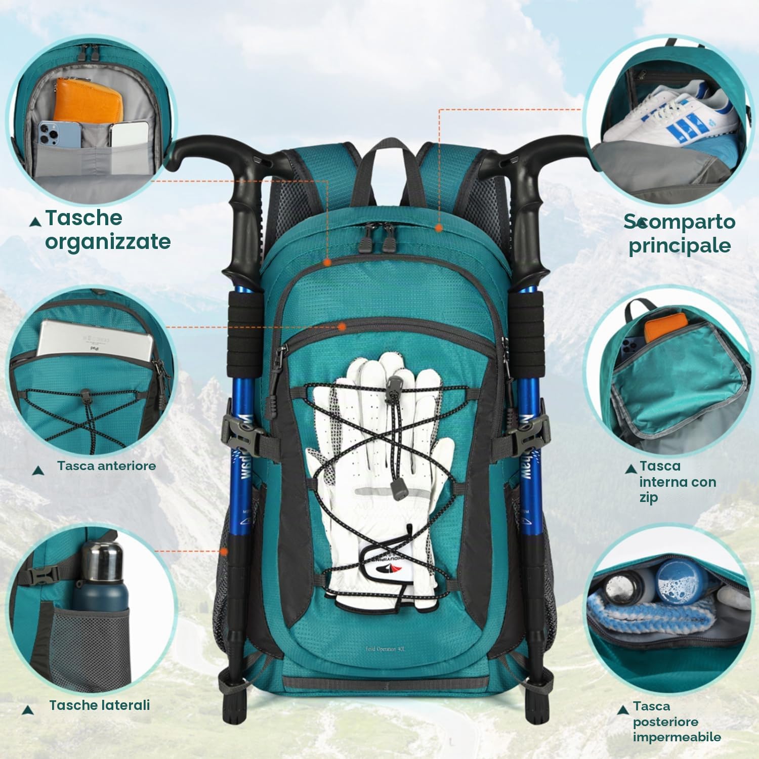 RAINSMORE Zaino Trekking 40 Litri Grande Pieghevole, Montagna Impermeabile per Uomo/Donna, Da Viaggio Leggero Traspirante, Escursionismo per Alpinismo Equitazione e Campeggio