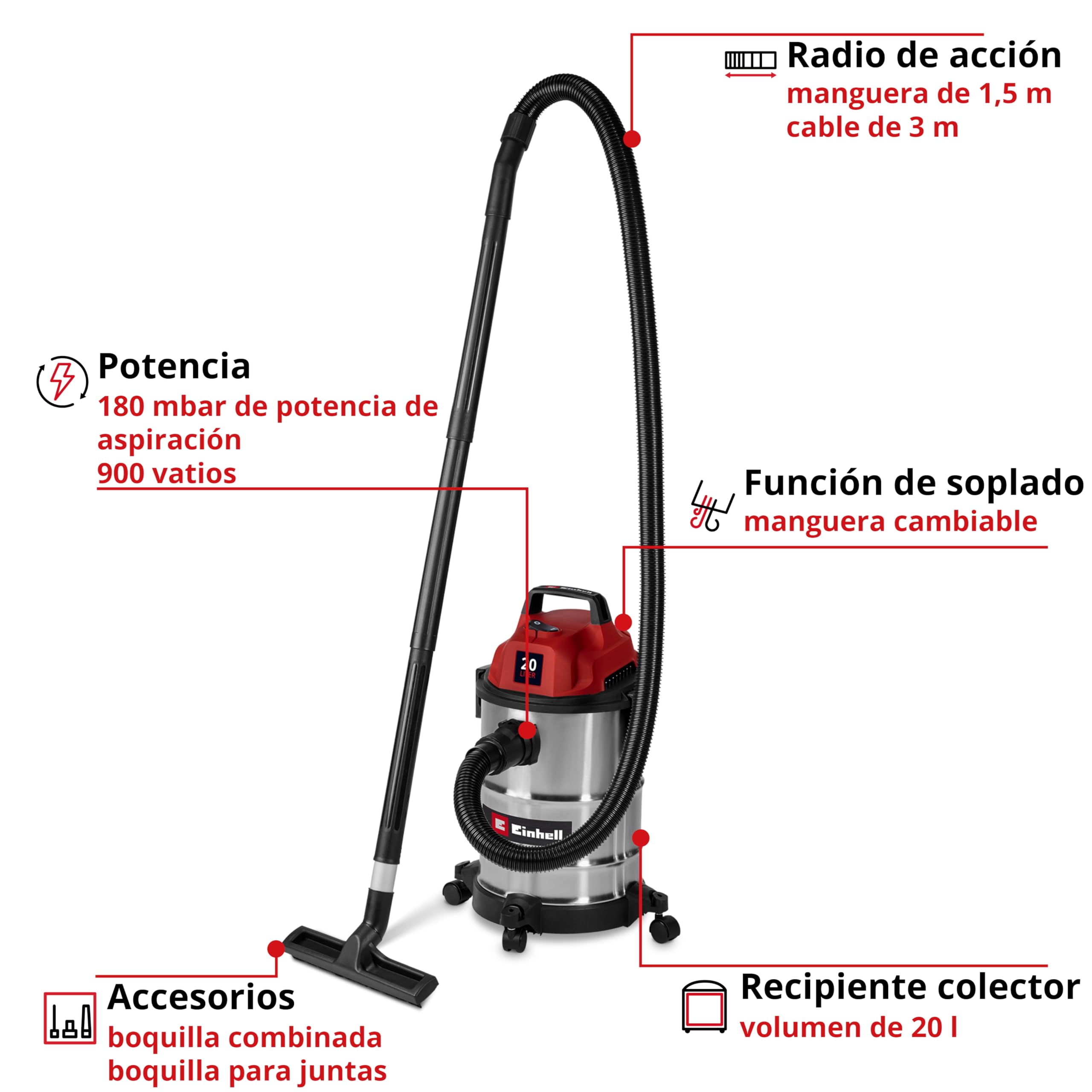 Einhell aspirador en seco y húmedo TC-VC 2045 S (900 W, 180 mbar de potencia de aspiración, recipiente de acero inoxidable de 20 l, ruedas, soporte de accesorios, incl. div. filtros y boquillas)
