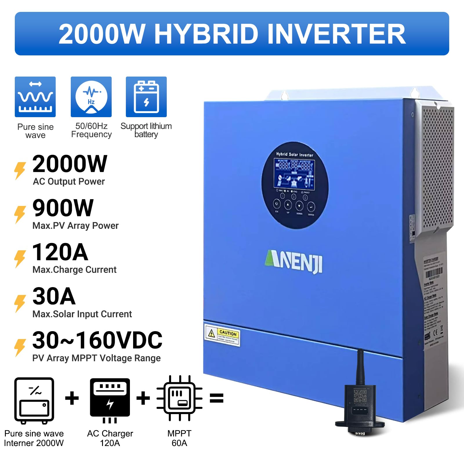 2000W Inverter Ibrido 12V Inverter Fotovoltaico a Onda Sinusoidale Pura, MPPT da 60A Tensione di Ingresso Fotovoltaica Massima di 160V, Adatto Per Batterie al litio da 12V, con Modulo WiFi