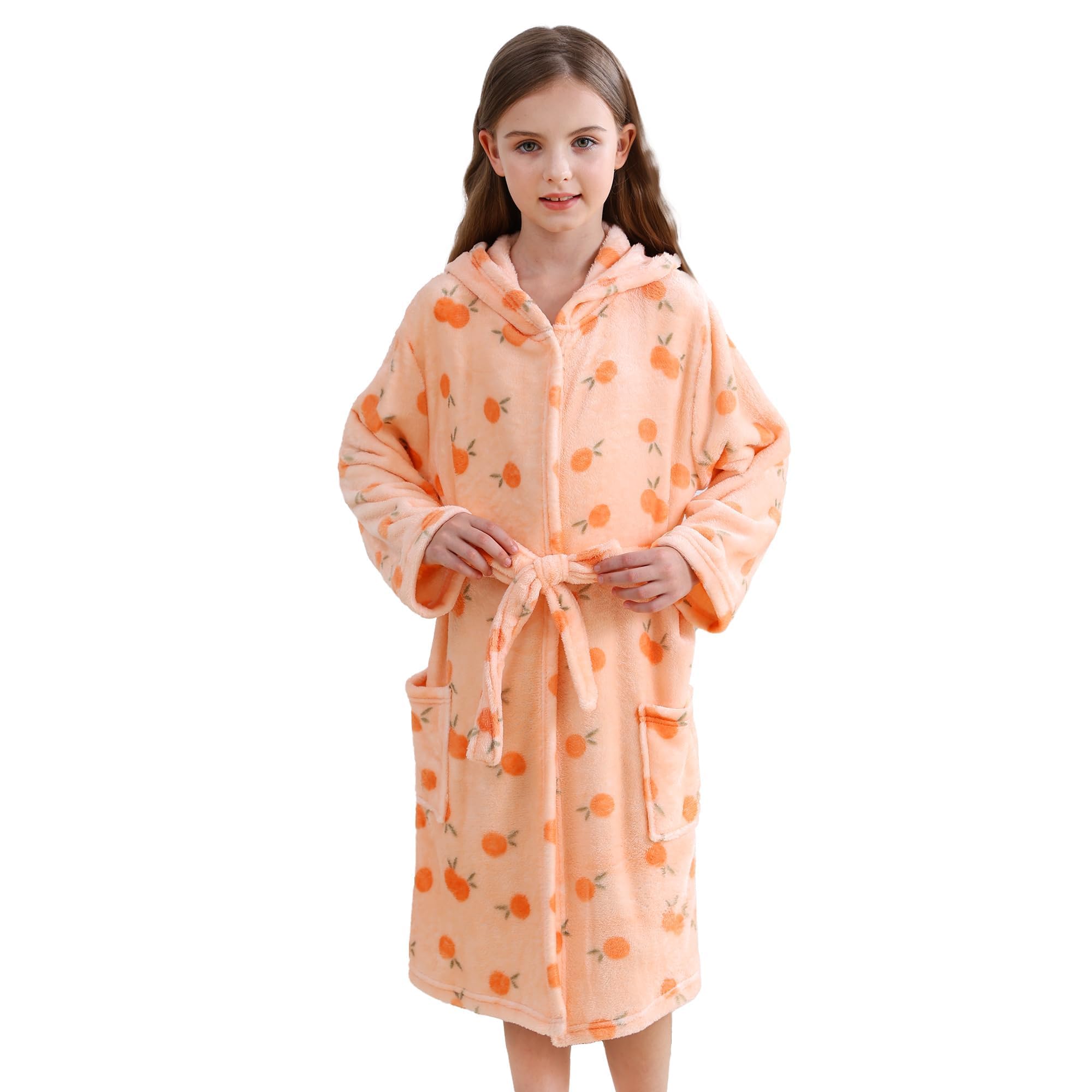 V.&GRIN Girls Fleece Hooded Robe, Kids Soft Plush Warm Printed Bathrobe Sleepwear Gifts for 5-14 Years