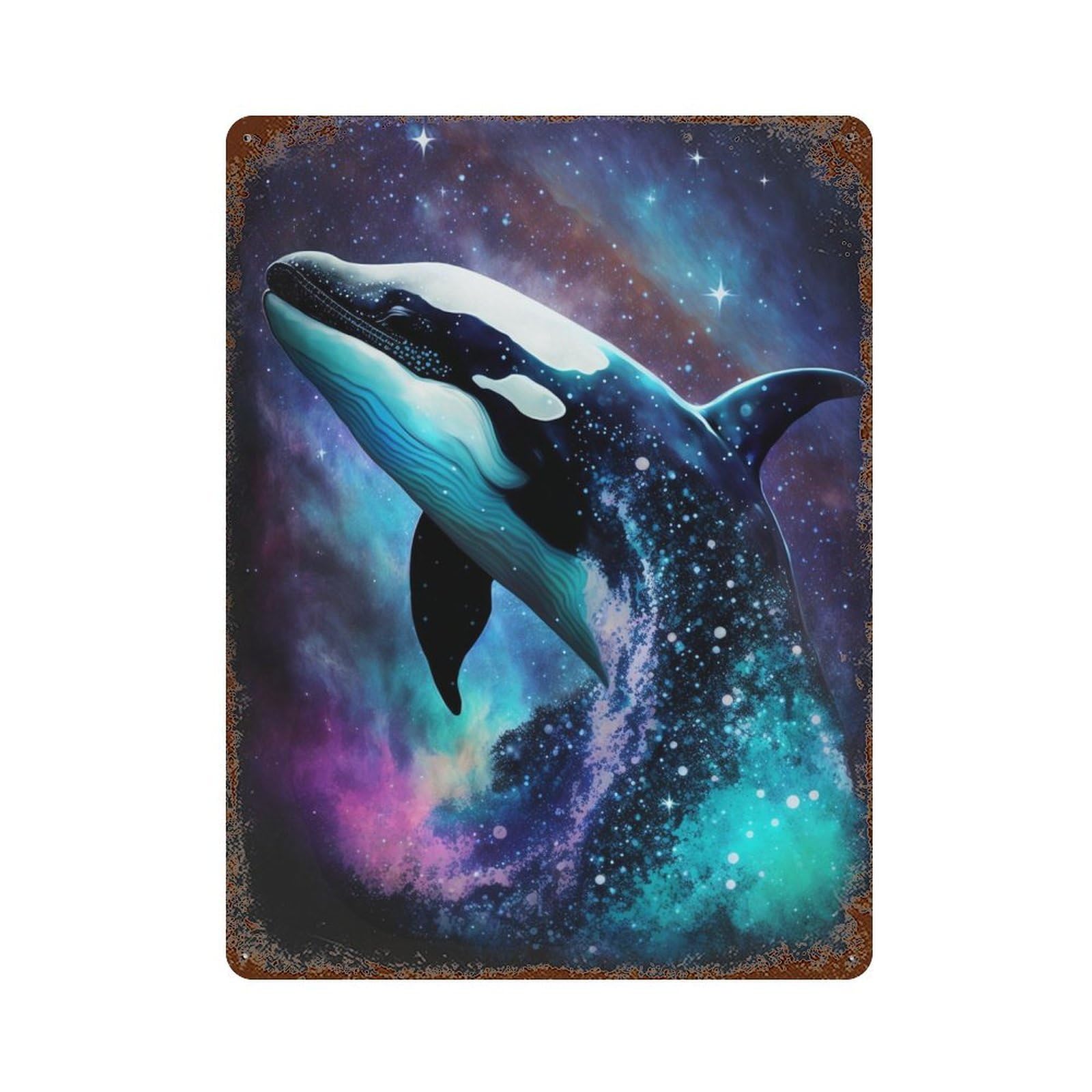 Whale in Space Art Print-6 Rustic Tin Plaque 15.7"x11.8", Industrial Home Decor for Pub, Kitchen And Man Cave Decor