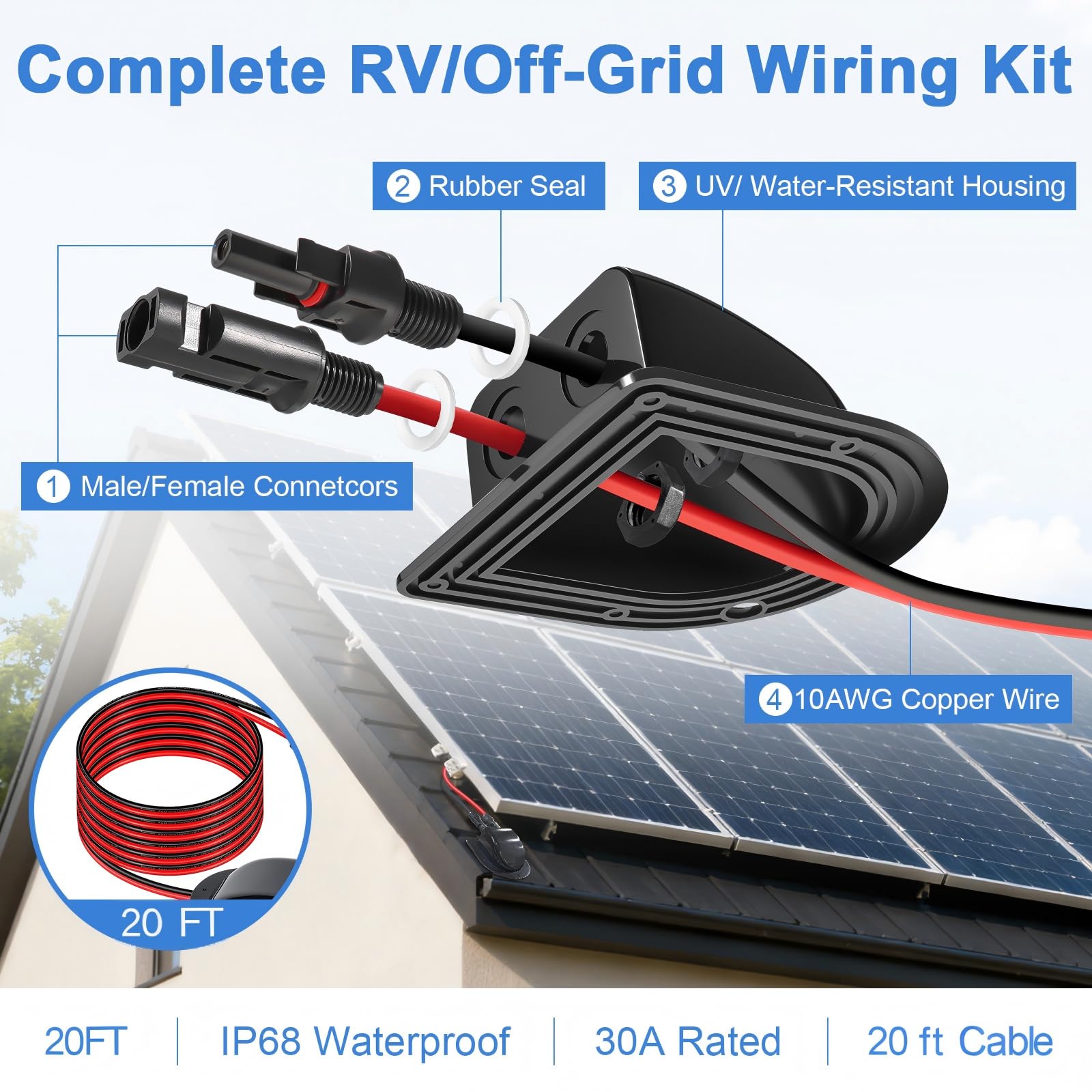 Pressacavo solare con cavo di prolunga solare da 10 AWG, compatibile con MC4, alloggiamento per cavo di ingresso per tetto resistente alle intemperie, per camper, furgoni, barche, capannoni