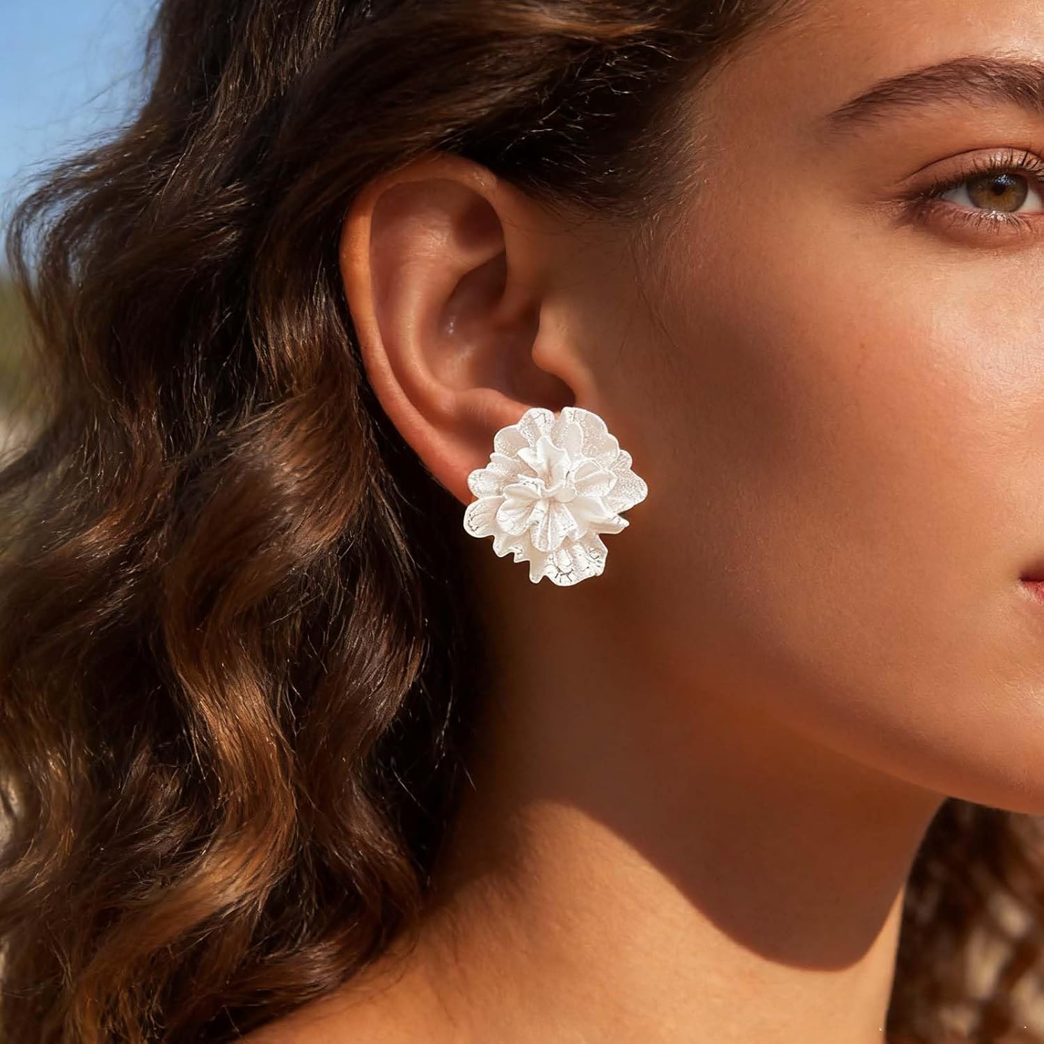 Boho Acrylic Flower Earrings White Flower Stud Earrings Resin Flower White Earrings Flower Camellia Earrings White Flower petal Earrings Jewelry for Women - Image 8