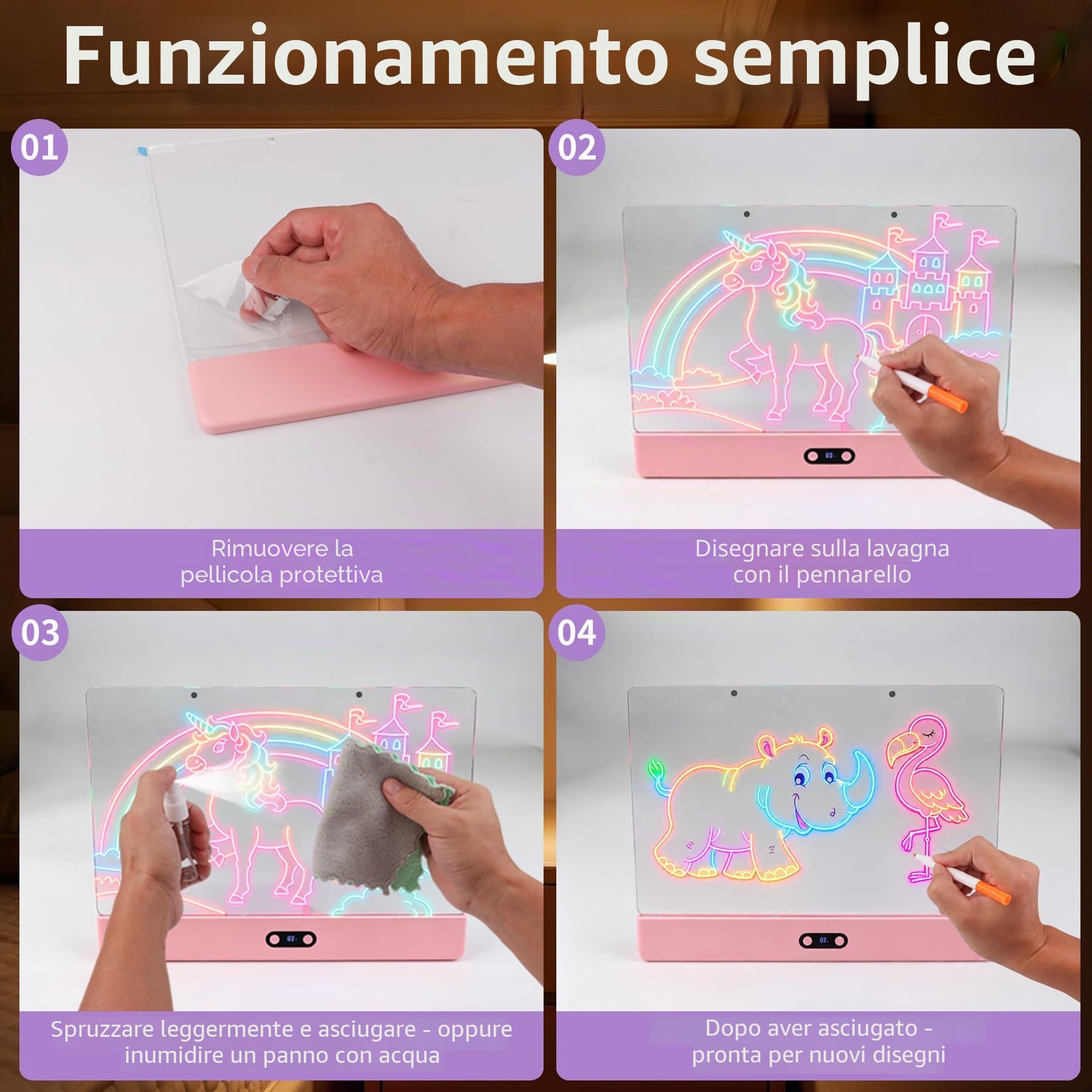 Lavagna LED Acrilica Riutilizzabile | 35x26cm Rosa, 8 Colori, 7 Pennarelli, Display Batteria Digitale, Lavagna Luminosa per Bambini, Ufficio, Bar