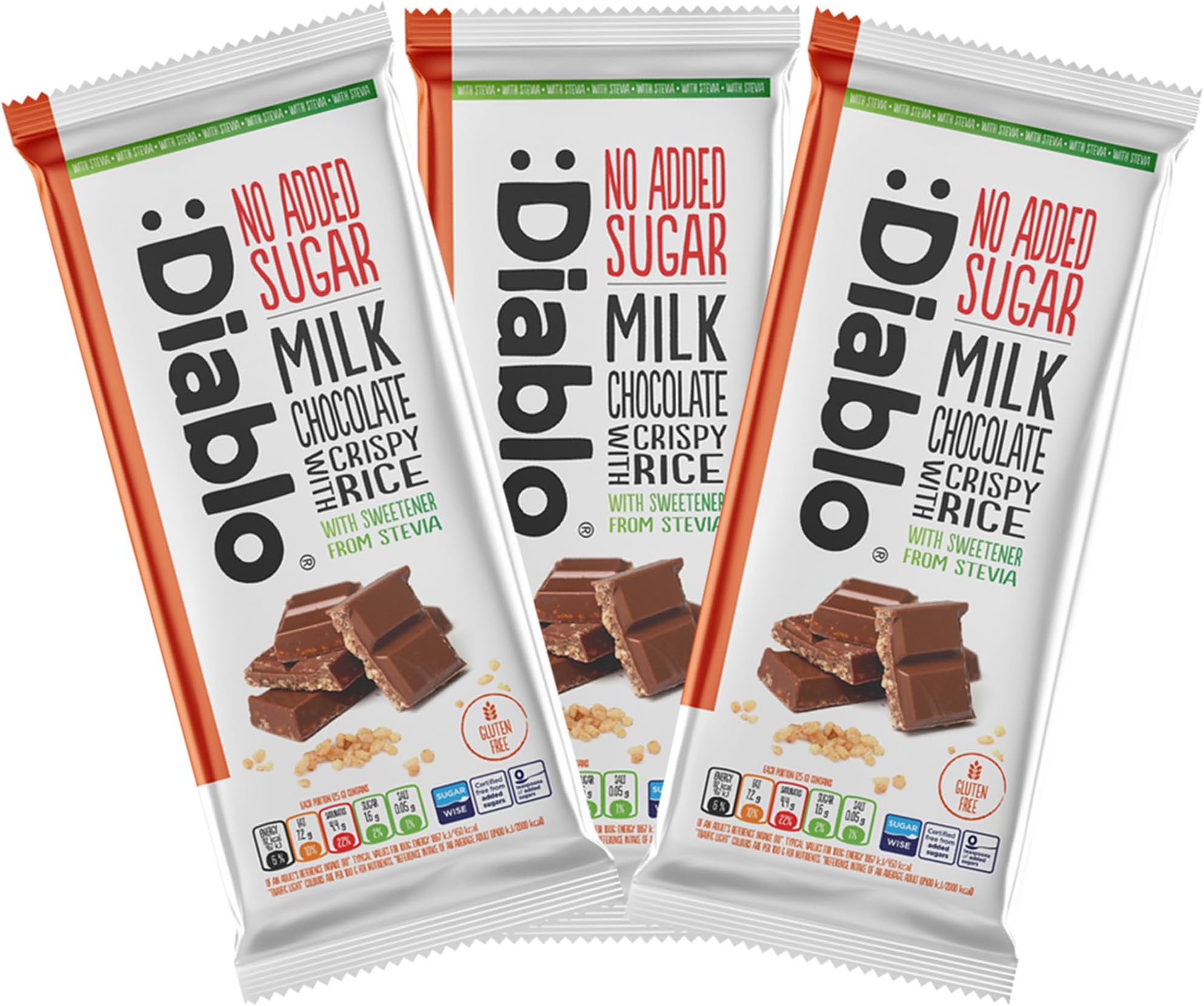 – Diablo No Added Sugar Chocolate Bar – Milk Chocolate with Crispy Rice, Sweetened with Stevia, Gluten Free, Ideal for Any Occasion, Birthdays, Valentines, or Gift Hampers, 75g (Pack of 3)