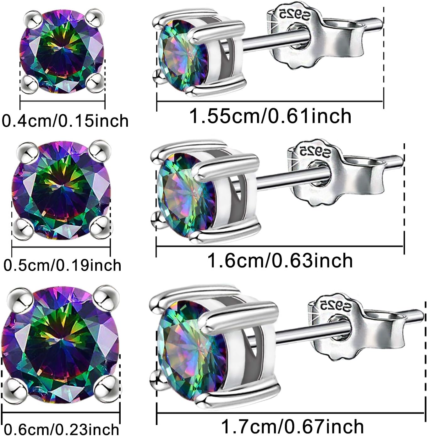 Rainbow Earrings Set for Women Men Sterling Silver Round Stud Earrings Set Hypoallergenic Colorful Cubic Zirconia Earrings for Sensitive Ears Minimalist Earrings Gifts for Him Her,4MM,5MM,6MM,3 Pairs