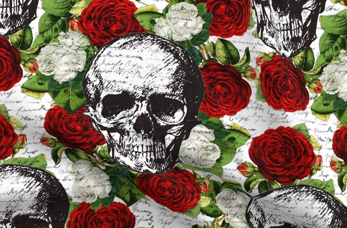 Spoonflower Fabric - Skulls Roses Vintage Handwriting Red Maximalist Printed on Organic Cotton Sateen Fabric by The Yard - Sewing Quilting Apparel Home Decor