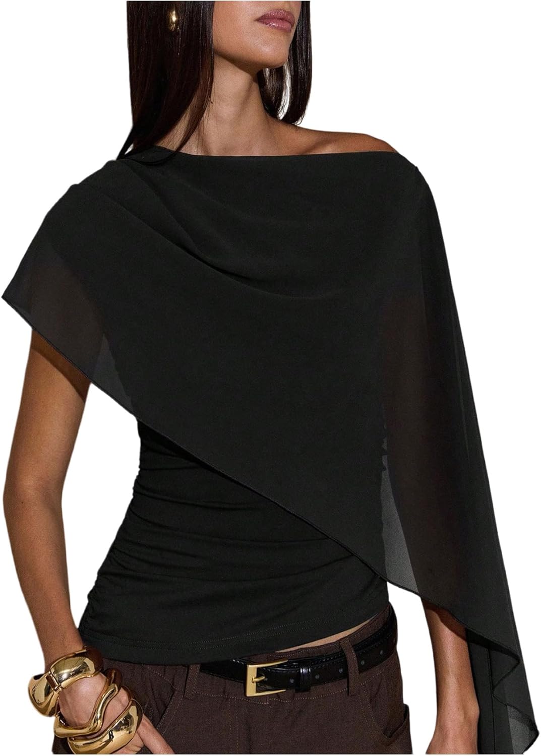Women's Ruched Cape One Shoulder T Shirts Short Sleeve Asymmetrical Neck Fitted Crop Top