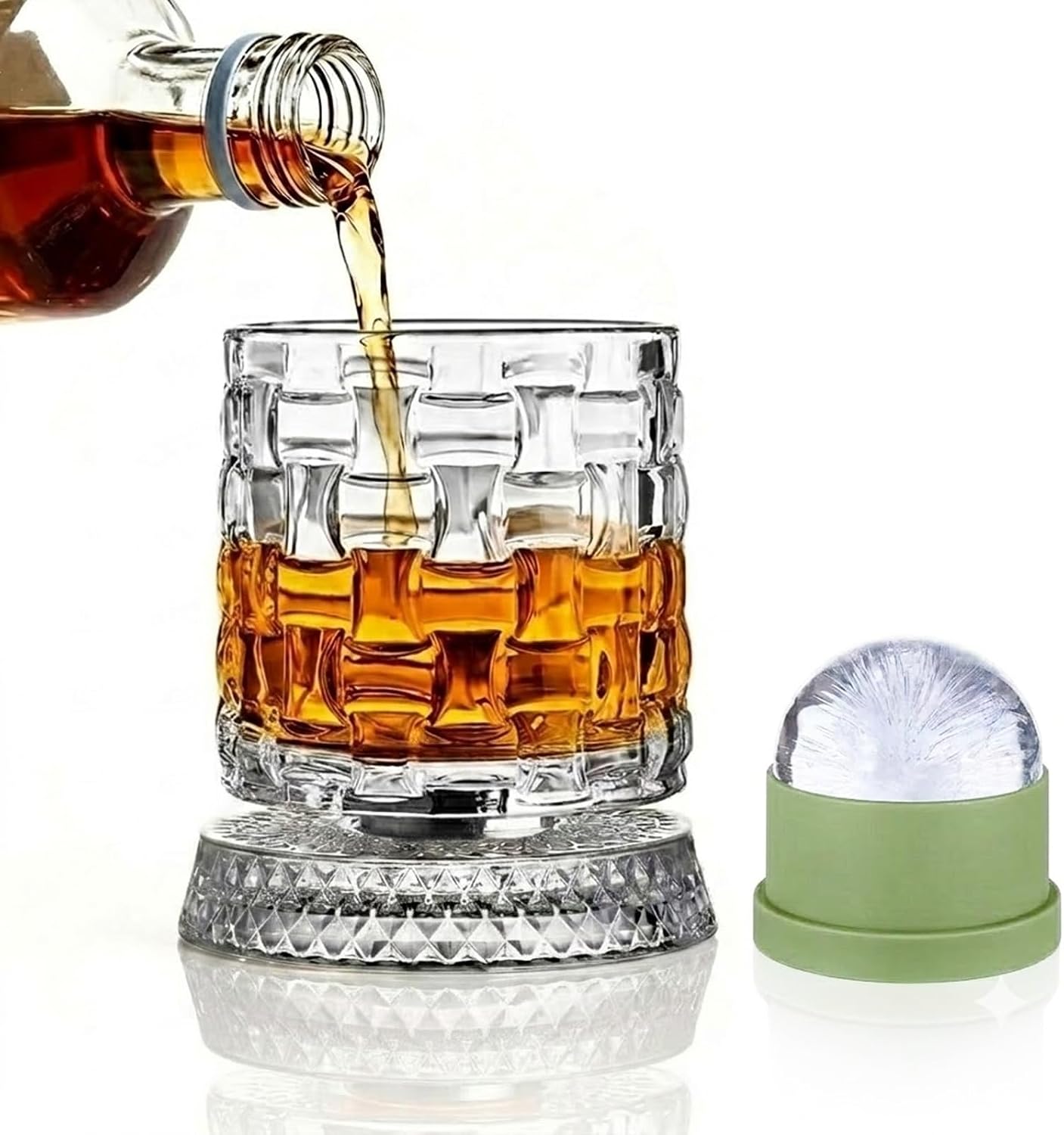 Spinning Crystal Whiskey Glass & Large Ice Ball Mold Set, 360° Rotating Bourbon Tumbler, Kinetic Glassware for Home Bar, Unique Gift for Men, Dad (Woven Pattern)