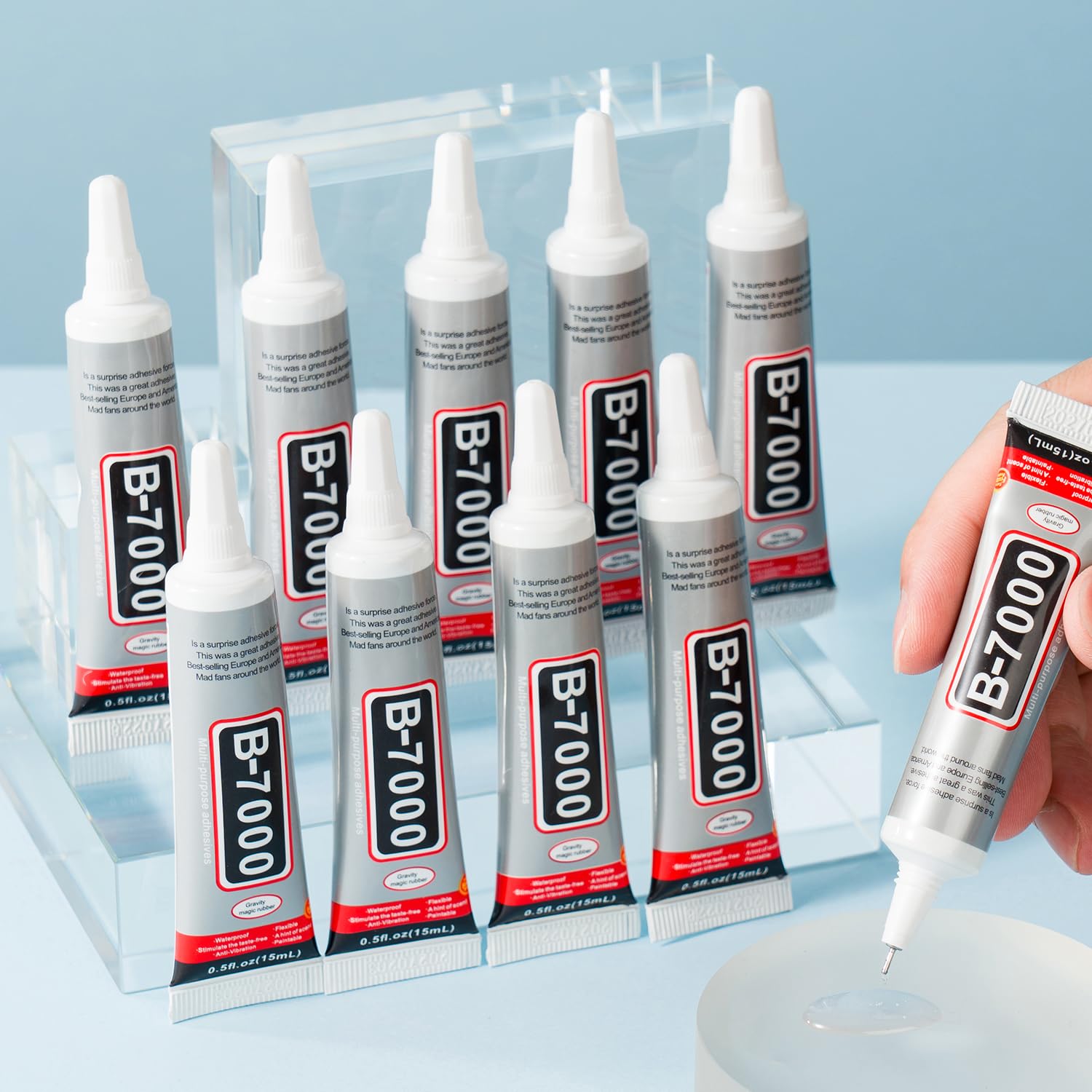 Zorela 10-Pack 15ml B7000 Clear Glue with Precision Tip, Multi-purpose B-7000 Bedazzling Rhinestone Craft Art Glue for Gem Fabric Toy Jewellery Making