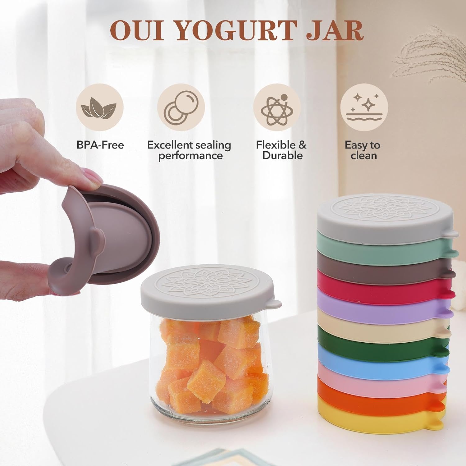 oui yogurt jar lids - 12 pack Silicone oui lids for 5 oz Oui Yogurt Glass Jars,with Oui Yogurt Bottle Label, Leakproof and Food Preservation(Excluding jar)