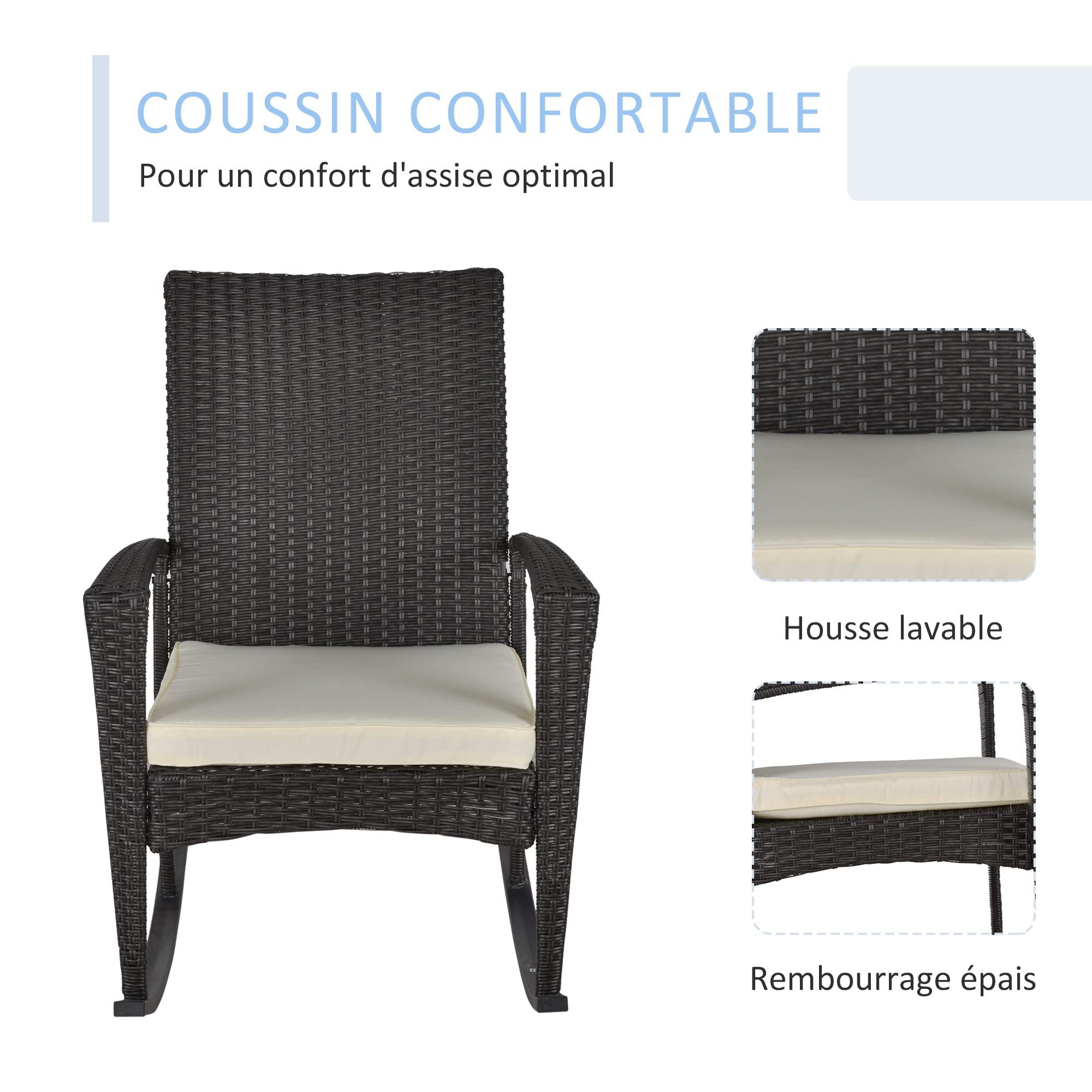 Outsunny Fauteuil à Bascule Rocking Chair avec Coussin d'assise déhoussable 66L x 88l x 98H cm résine tressée Imitation rotin Chocolat