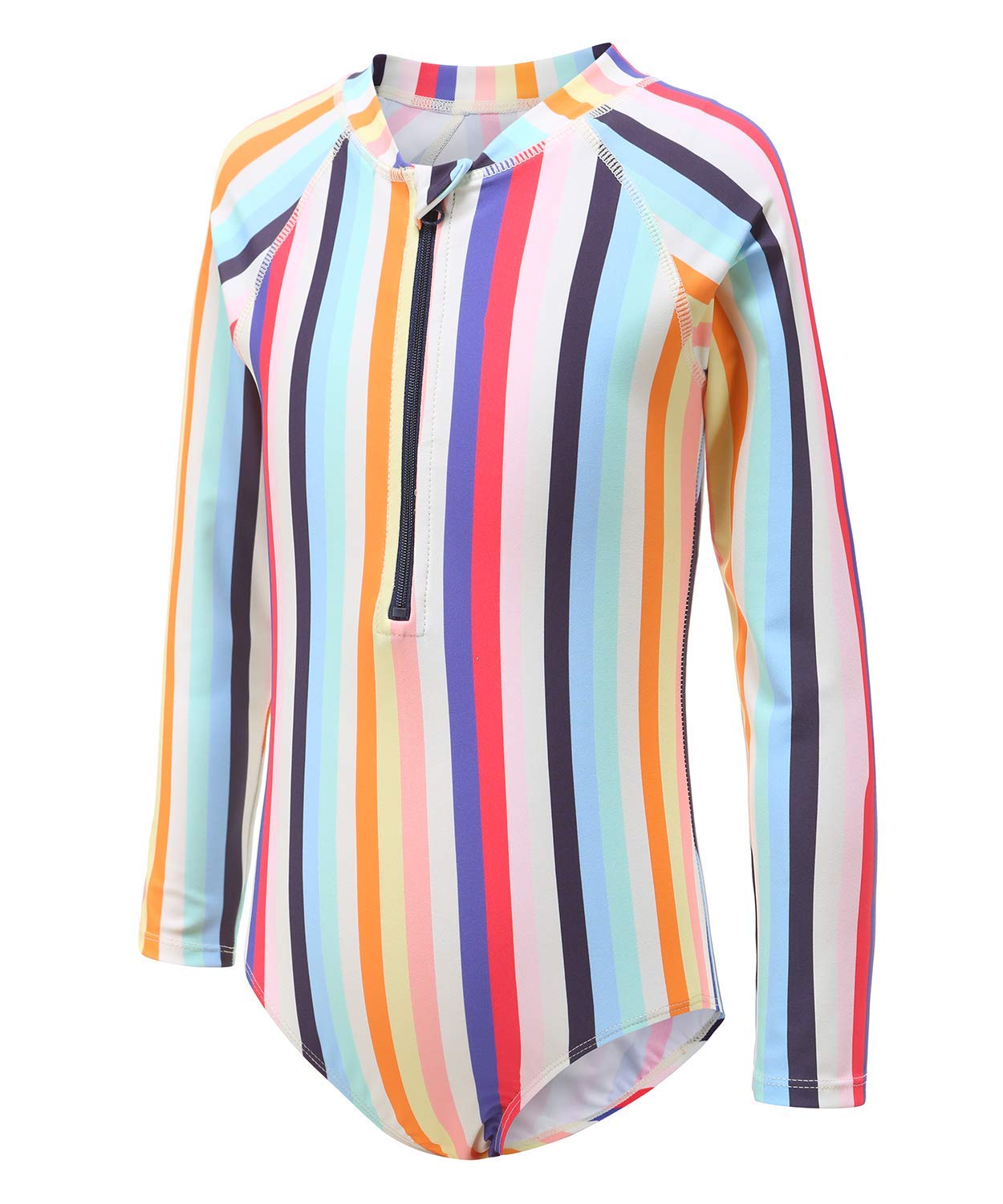 Girls Long Sleeve Rash Guard One Piece Swimsuit Kids UPF 50+ Sun Protection Swimwear Rainbow Striped Bathing Suit 3-14 Years