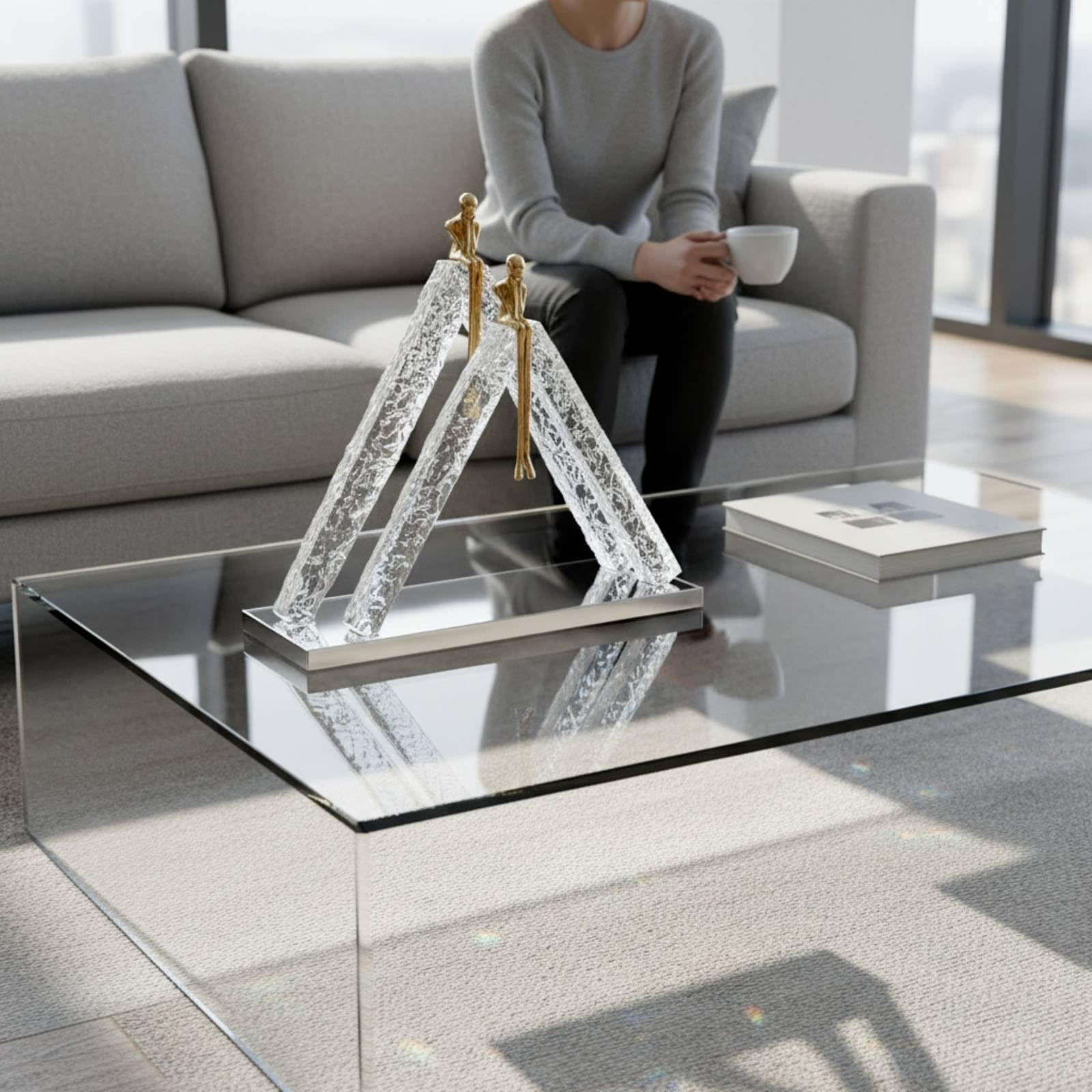 Figura con Base Espejo Artístico Escultura Geométrica Peculiar Estatuilla Humana para Recibidor