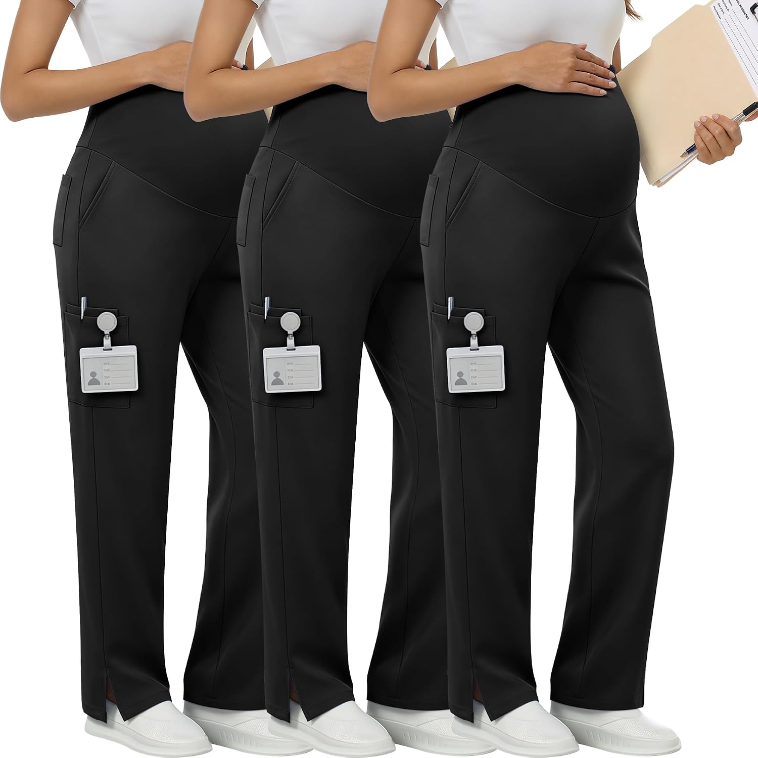 Xaatren 3 Pack Women's Maternity Scrub Pants 6 Pockets Stretchy Straight Leg Pregnancy Cargo Workwear with Side Vents