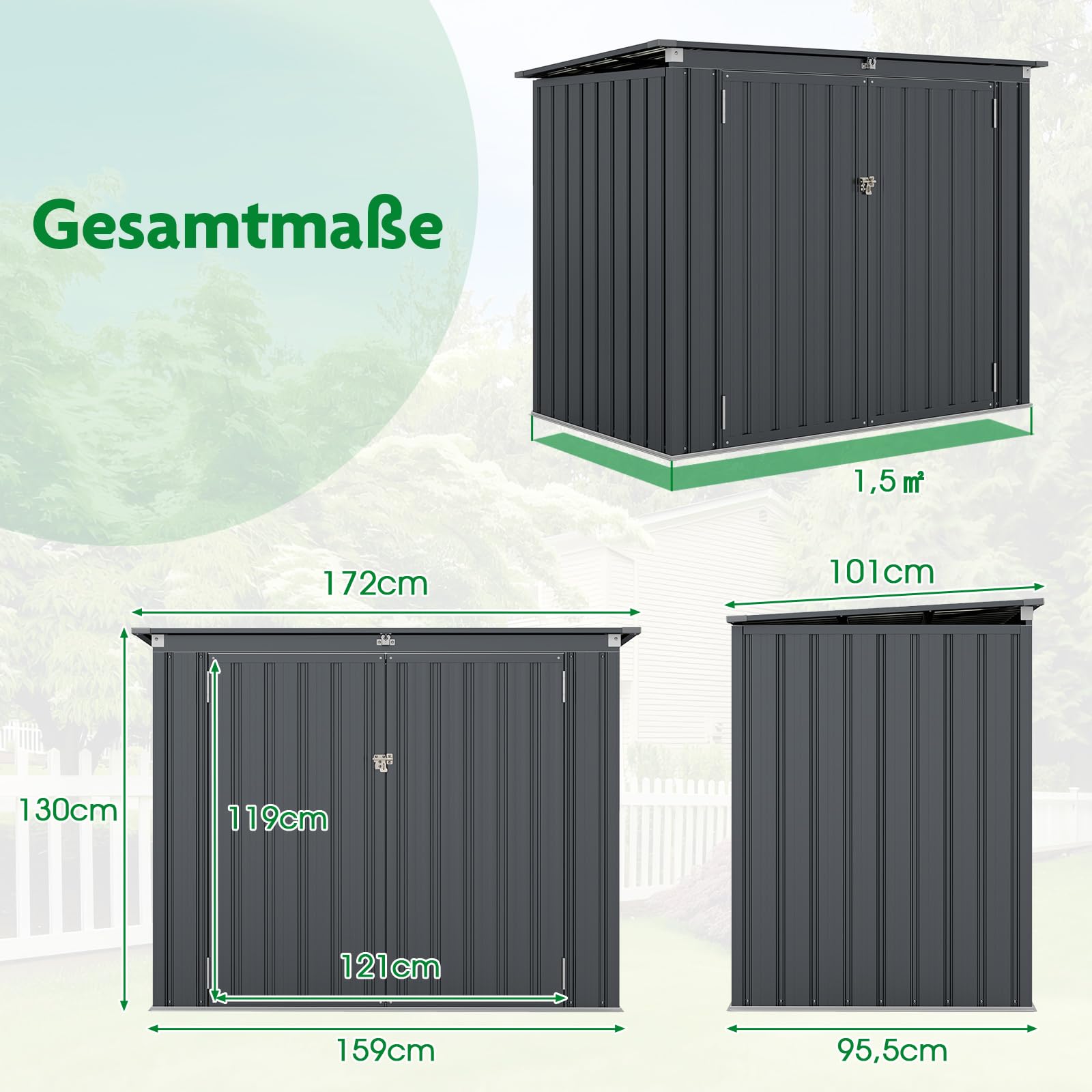 COSTWAY Mülltonnenbox für 2 Mülltonnen, Müllbox aus verzinktem Metall, Müllhaus mit 2 Türen & Klappdeckel, Mülltonnenschuppen abschließbar wetterfest, anthrazit, Gartenbox Garten, 172 x 95,5 x 130 cm