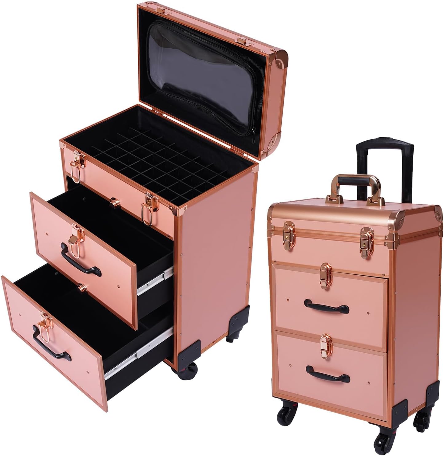 Gold Rolling Nail Case, 3-Layer Aluminum Alloy Makeup Suitcase with Wheels for Nail Tech Organizer