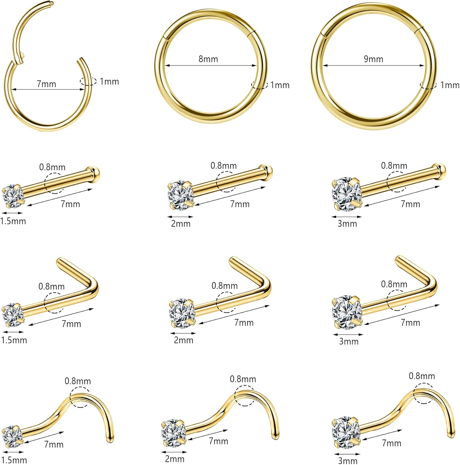 10-12Pcs 18G 20G Nose Rings Studs Hinged Hoop Nose Ring for Women Men Corkscrew Bone L Shaped Nose Studs Hypoallergenic 316L Surgical Steel Nose Piercings Jewelry Small Silver Gold - Image 2