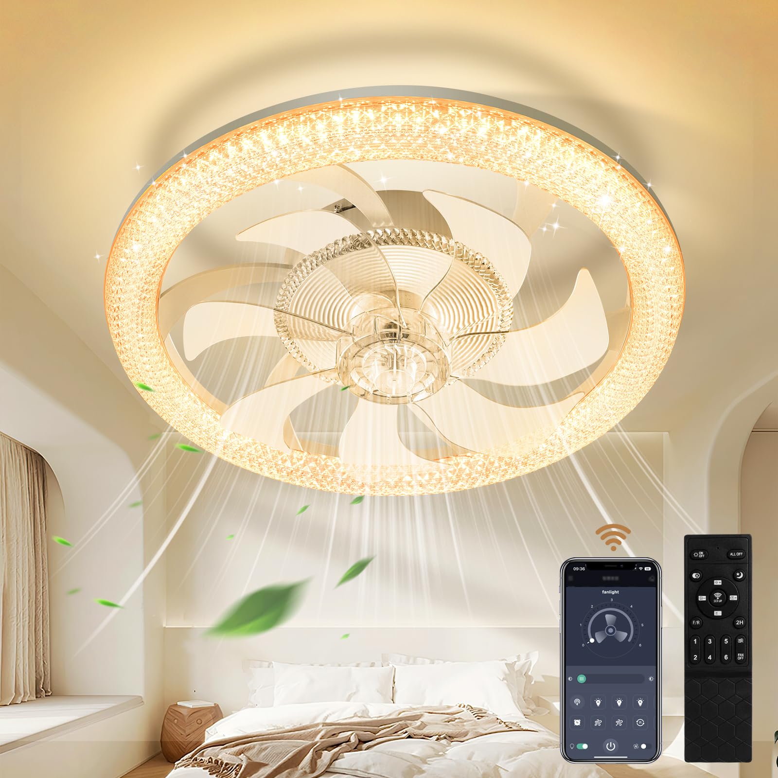 Keleef Ceiling Fans with Lights and Remote, 6 Speeds Quiet Ceiling Fan Light, 6500K 4500K 3000K 3 Colors Changing Dimmable LED Ceiling Light with Fan for Bedroom Living Room Kitchen Dining Room