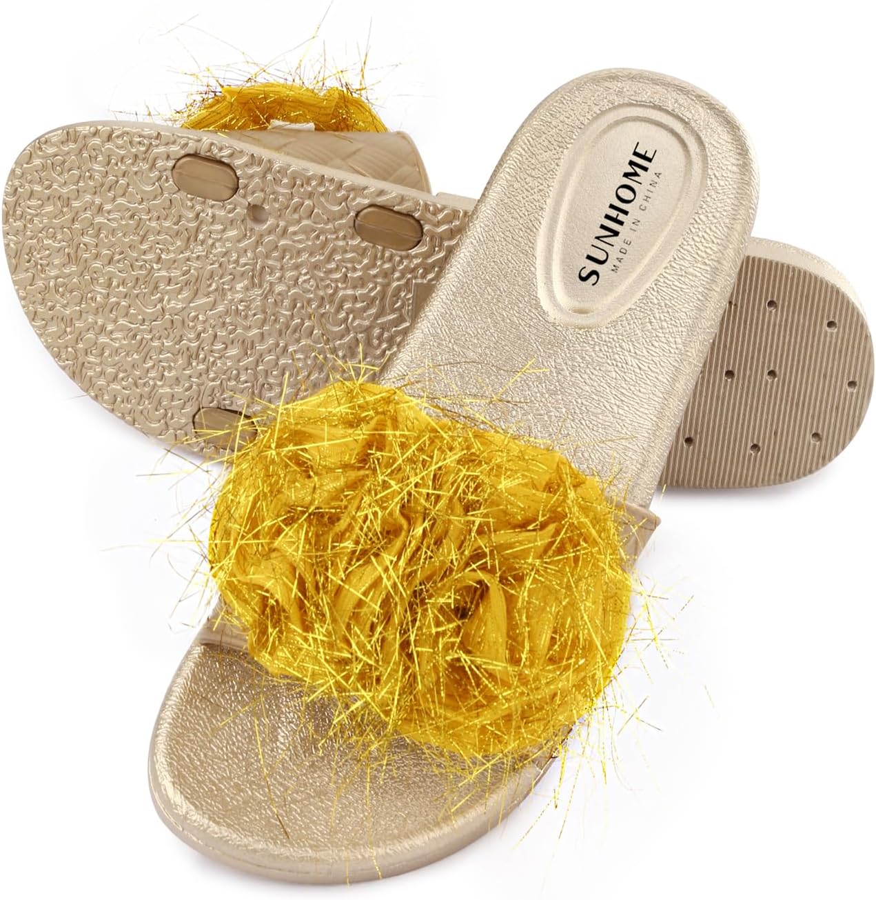 Flower Embellished Flat Sandals Gold