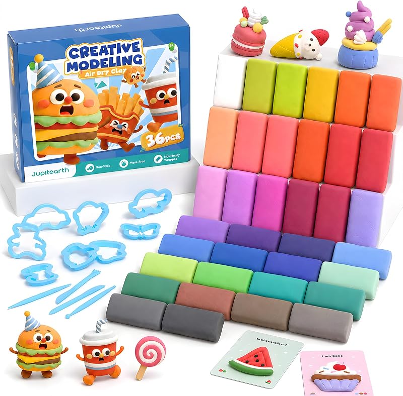 JUPITEARTH Air Dry Clay for Kids, 36 Colors Modeling Clay Kit | DIY Magic Clay with 8 Cutters, 8 Art Cards & 4 Tools, Non-Toxic, Eco, Ultra-Light. Art & Party Favors for Kids
