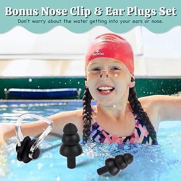 2 Pack Kids Swimming Cap Short/Long Hair, Unisex Silicone Swimming Hat for Age 3-15 Children Toddler Teen, Waterproof Shower Swim Cap for Girls Boys with Ear Plugs & Nose Clip