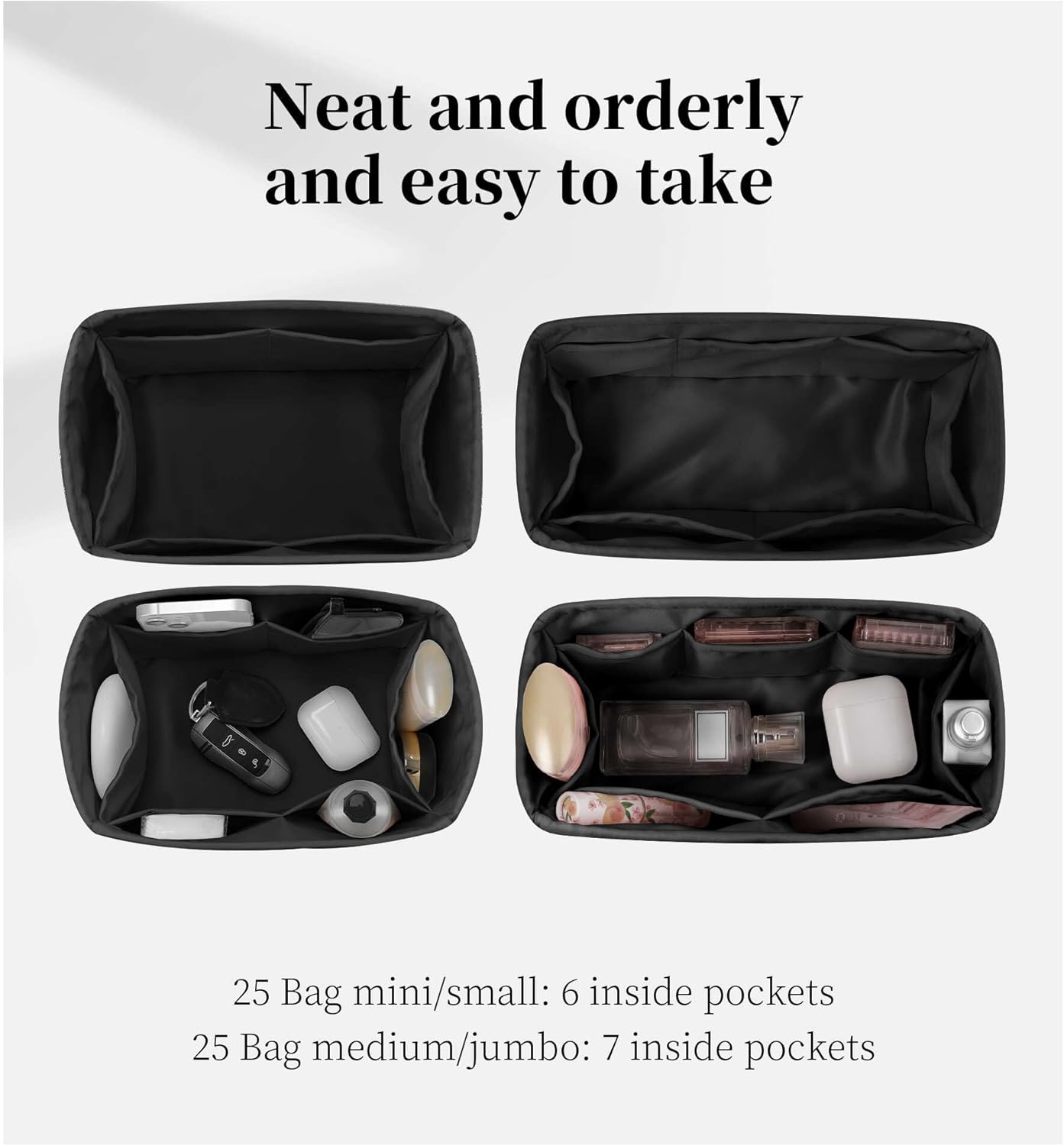 Purse Organizer Insert, Satin & Lightweight Fabric with Inside Pockets to Keep Your Items Neatly Stored, Portable for Commute, Travel, and Shopping, Fits Chanel 25 Bag Medium(Black, 25 Medium)