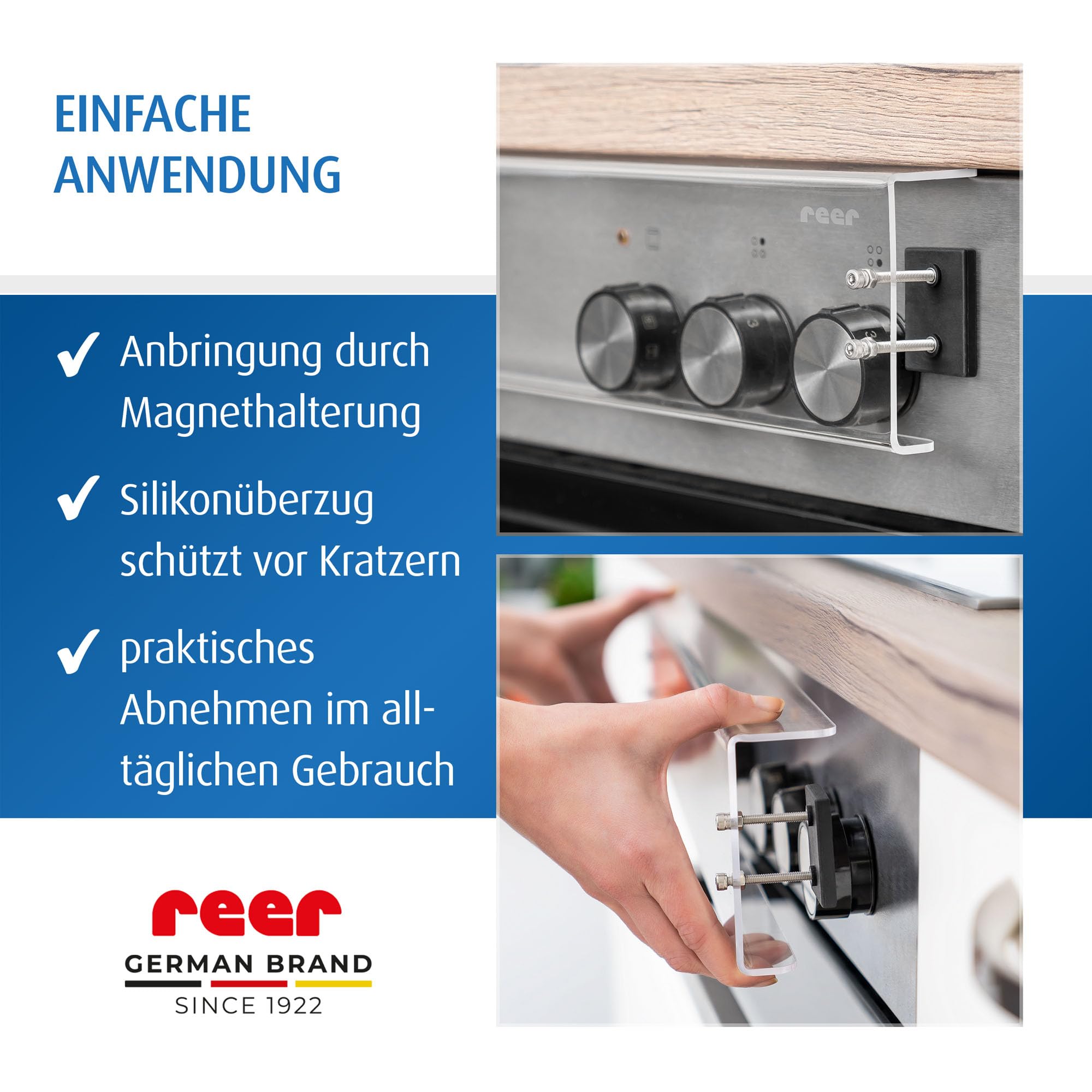 reer Herdknopf-Abdeckung | Kindersicherung | Schalterabdeckung für normale und versenkbare Herdknöpfe | für Gasherd, Elektroherd, Standherd oder Einbauherd | transparent