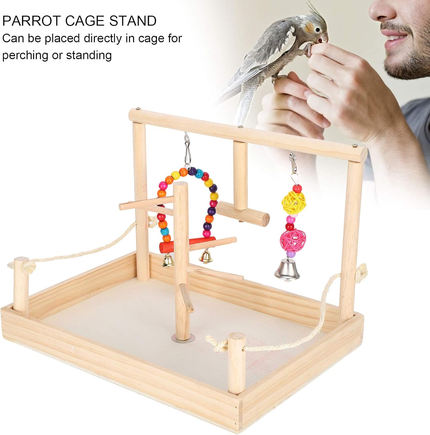 Wood Stand Bird ing Exercise Rack, Interactive Play Stand with Swing and s, ing for Small s, en Cage Accessory for Perching and Playing