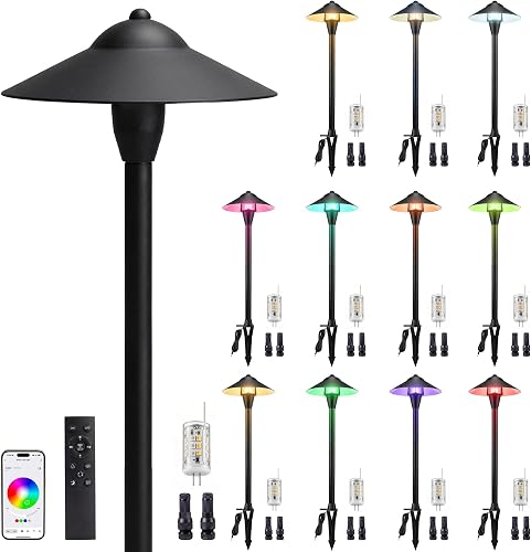Smart RGBCW Low Voltage Path Lights, 12V Bluetooth Mesh Landscape Lighting with Dimmable Warm & Daylight LED 3W G4 Bulb, Black IP65 Waterproof Outdoor Pathway Light for Yard Walkway 12 Pack