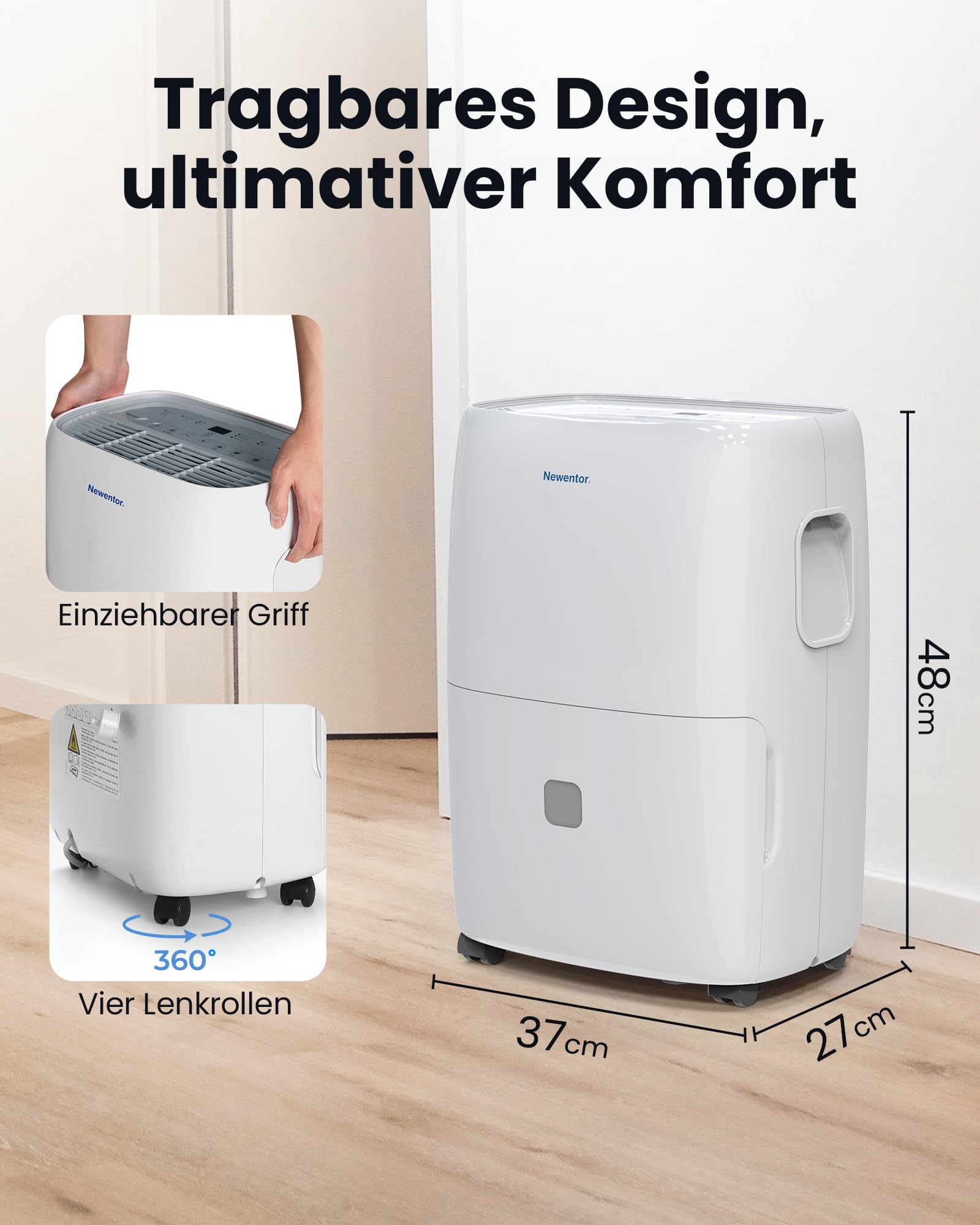 Newentor Luftentfeuchter elektrisch 25L, Entfeuchter elektrisch keller, Raumentfeuchter elektrisch, Dehumidifiers for home für 215m³/80m², mit Timer, Filter und 1M Ablaufschlauch, 10 J. Gar.