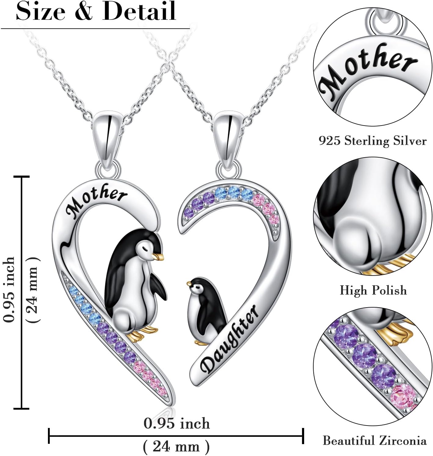 Alphm Penguin Mother Daughter Necklace Set S925 Sterling Silver 2 Pendants Matching Heart Necklace Jewelry Presents Valentine's Day Birthday Gifts for Mom Wife - Image 6