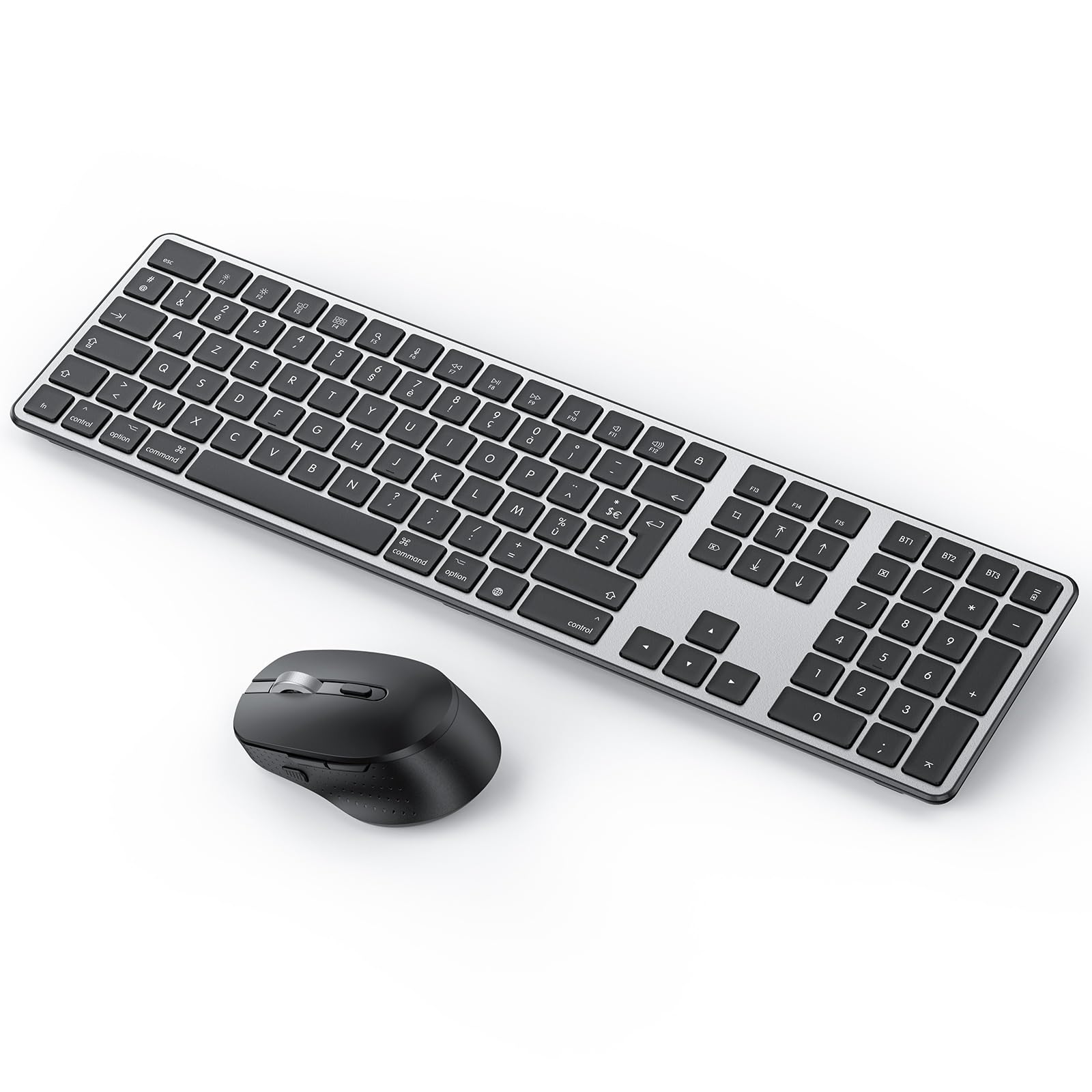 OMOTON Kit Clavier et Souris sans Fil Bluetooth pour Mac AZERTY, Gris | Rechargeable avec 3 Canaux Bluetooth , Clics Silencieux, Ultra Slim, pour Apple Mac Pro/Mini, MacBook Neo/Air, iMac, iMac Pro
