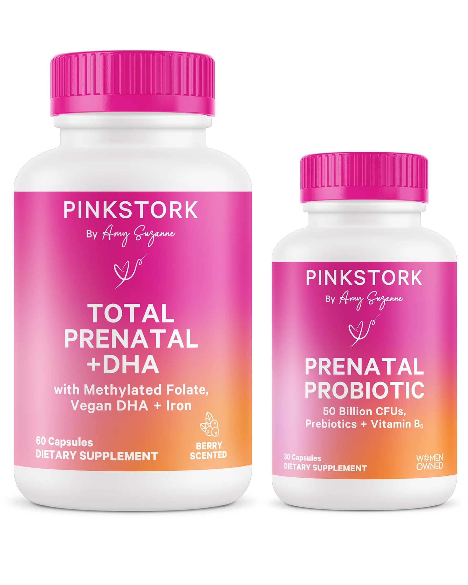 Pink StorkPrenatal Vitamin Duo: Prenatal Vitamins and Probiotics for Pregnant Women -Morning Sickness and Fetal Development Support with DHA, Folate, Vitamin B6, and More - 2 Products, 90 Capsules